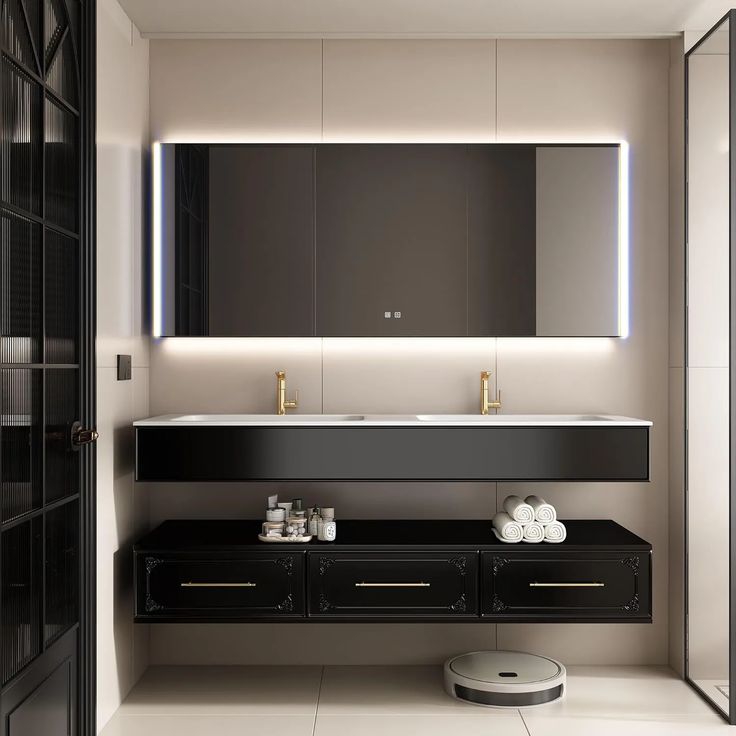 Bathroom Vanity Set with Integrate Double Sink, Medicine Cabinet Smart Makeup Mirror, Solid Oak with Artistic Carving, Premium Paint Coat, LED Lighting&Built-in Defogger, Assembled Big Storage (60'')