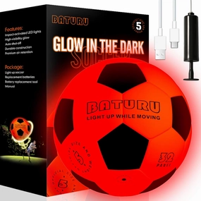 BATURU Glow in The Dark Soccer Ball with 2 LED Lights, NO.5 Light Up Indoor/Outdoor Soccer Ball with 6 Spare Batteries & Pump, Fun Gifts for Boys 8-13 Years Old