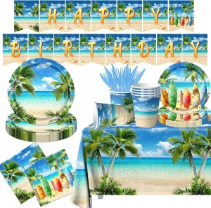 Beach Theme Party Decorations, 142pcs Beach Birthday Party Supplies Summer Paper Plates Napkins Hawaiian Tablecloth for Pool Summer Birthday Party Decorations