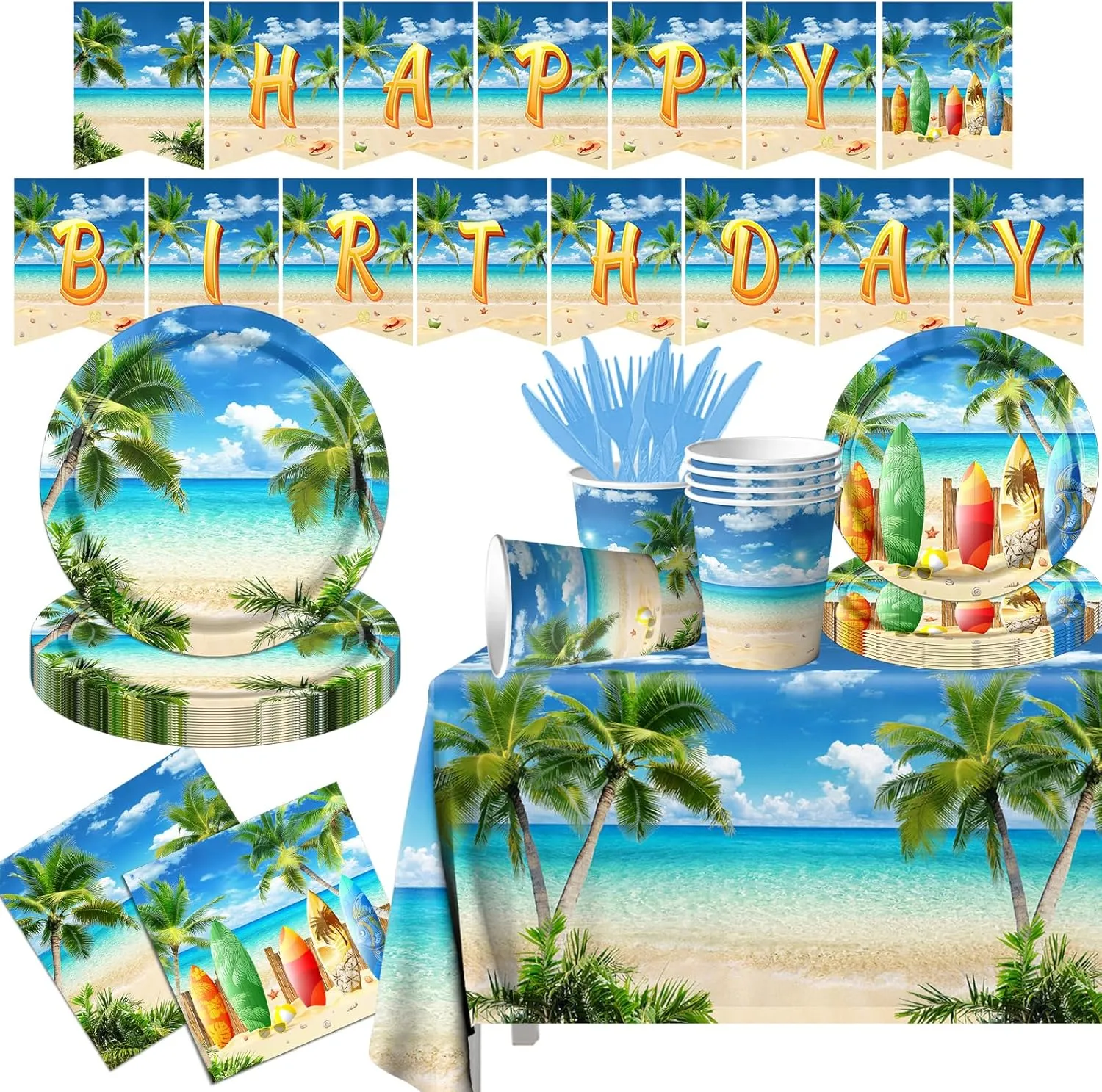 Beach Theme Party Decorations, 142pcs Beach Birthday Party Supplies Summer Paper Plates Napkins Hawaiian Tablecloth for Pool Summer Birthday Party Decorations