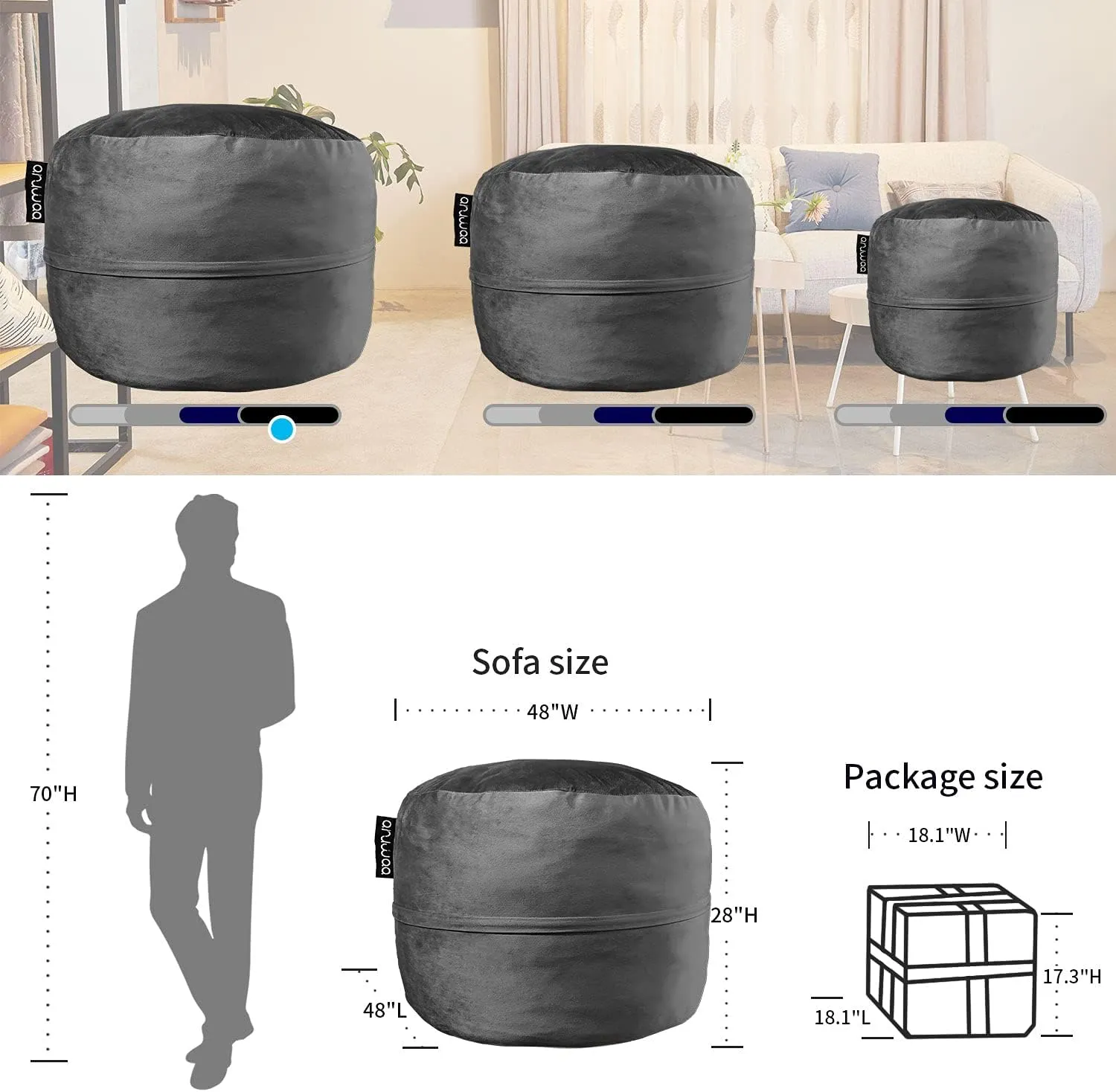 Bean Bag Chair for Adults, 4FT High-Rebound Memory Foam Bean Bag Sofa with Removable Cover, Oversized Bean Bag Couch for Gaming, Reading, and Relaxation, Black