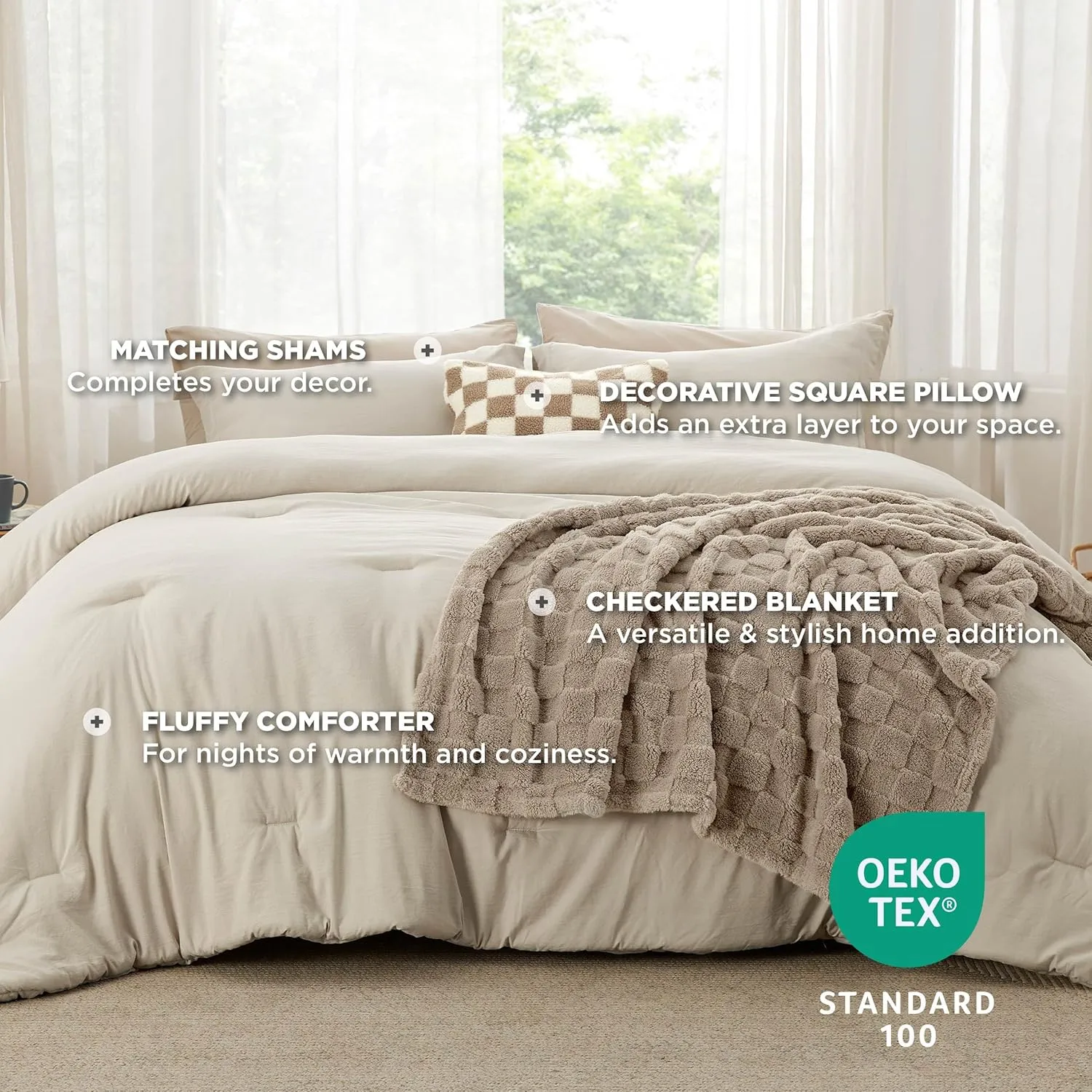 Bedsure Queen Comforter Set 5 Pieces - Bed in a Bag with Checkered Throw Blanket and Decorative Pillow, Lightweight Bedding Comforter Sets, All Season Boho Bedding, Linen Beige