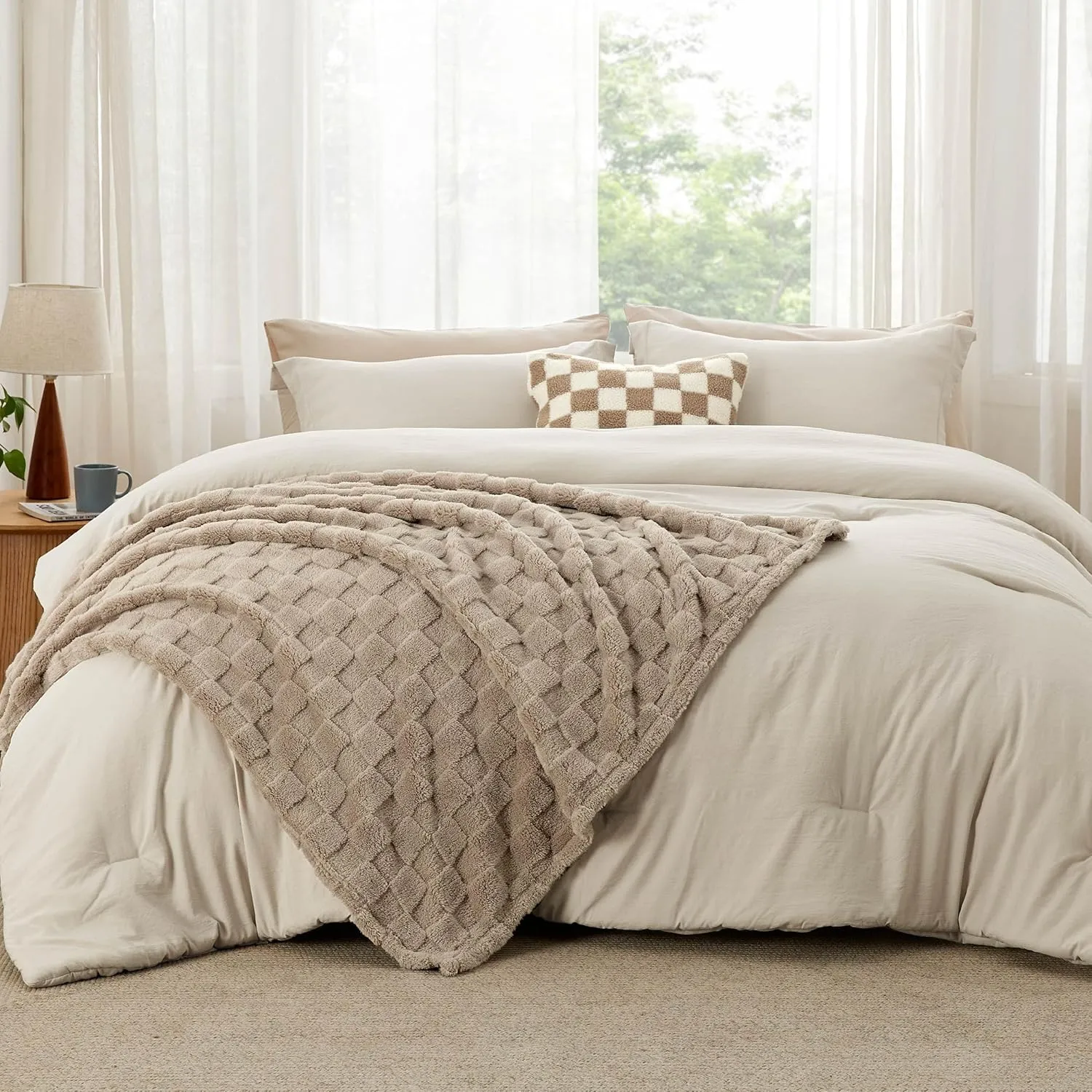 Bedsure Queen Comforter Set 5 Pieces - Bed in a Bag with Checkered Throw Blanket and Decorative Pillow, Lightweight Bedding Comforter Sets, All Season Boho Bedding, Linen Beige