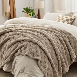 Bedsure Queen Comforter Set 5 Pieces - Bed in a Bag with Checkered Throw Blanket and Decorative Pillow, Lightweight Bedding Comforter Sets, All Season Boho Bedding, Linen Beige