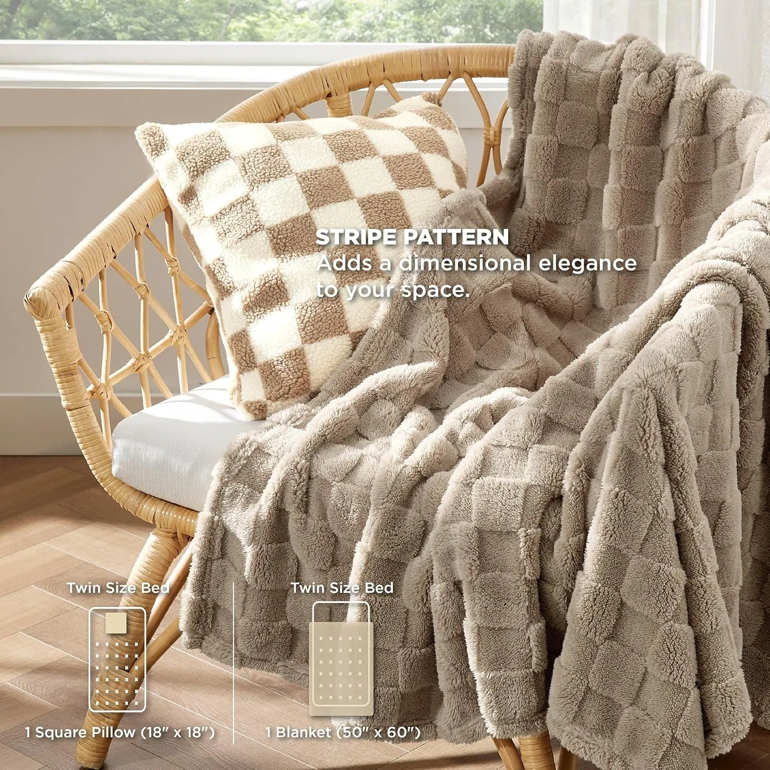 Bedsure Queen Comforter Set 5 Pieces - Bed in a Bag with Checkered Throw Blanket and Decorative Pillow, Lightweight Bedding Comforter Sets, All Season Boho Bedding, Linen Beige