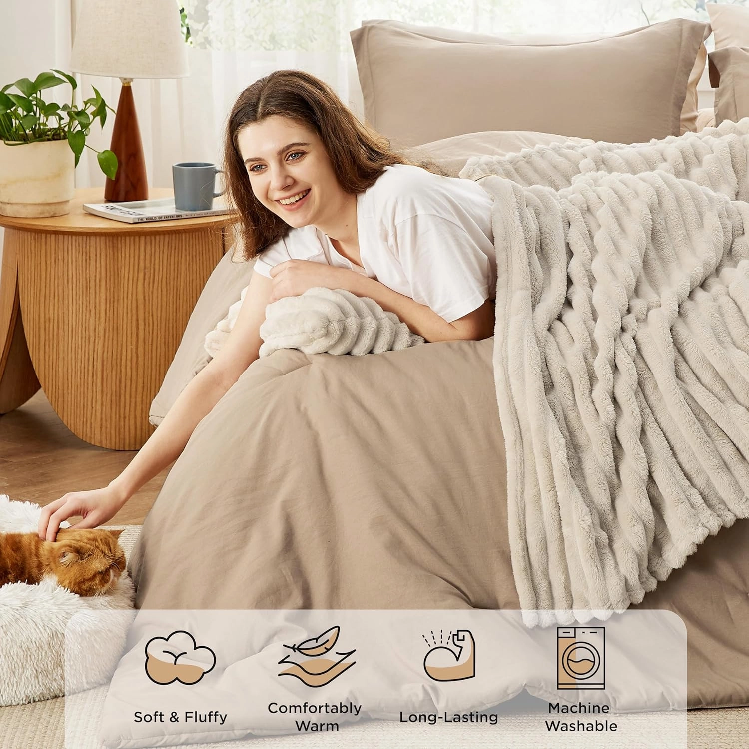 Bedsure Queen Comforter Set 5 Pieces - Bed in a Bag with Fleece Throw Blanket and Decorative Pillow, Lightweight Bedding Comforter Sets, All Season Bedding, Khaki