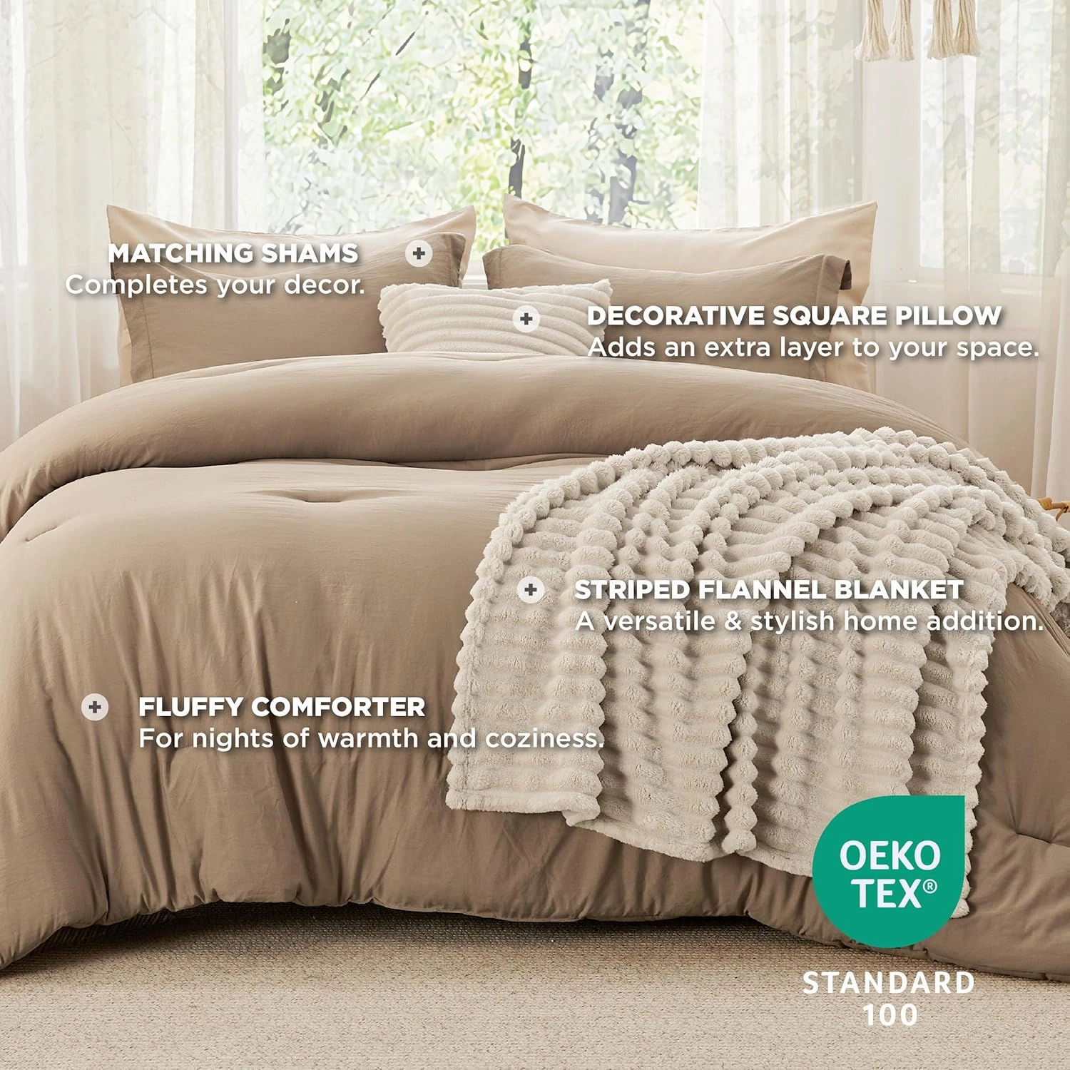 Bedsure Queen Comforter Set 5 Pieces - Bed in a Bag with Fleece Throw Blanket and Decorative Pillow, Lightweight Bedding Comforter Sets, All Season Bedding, Khaki