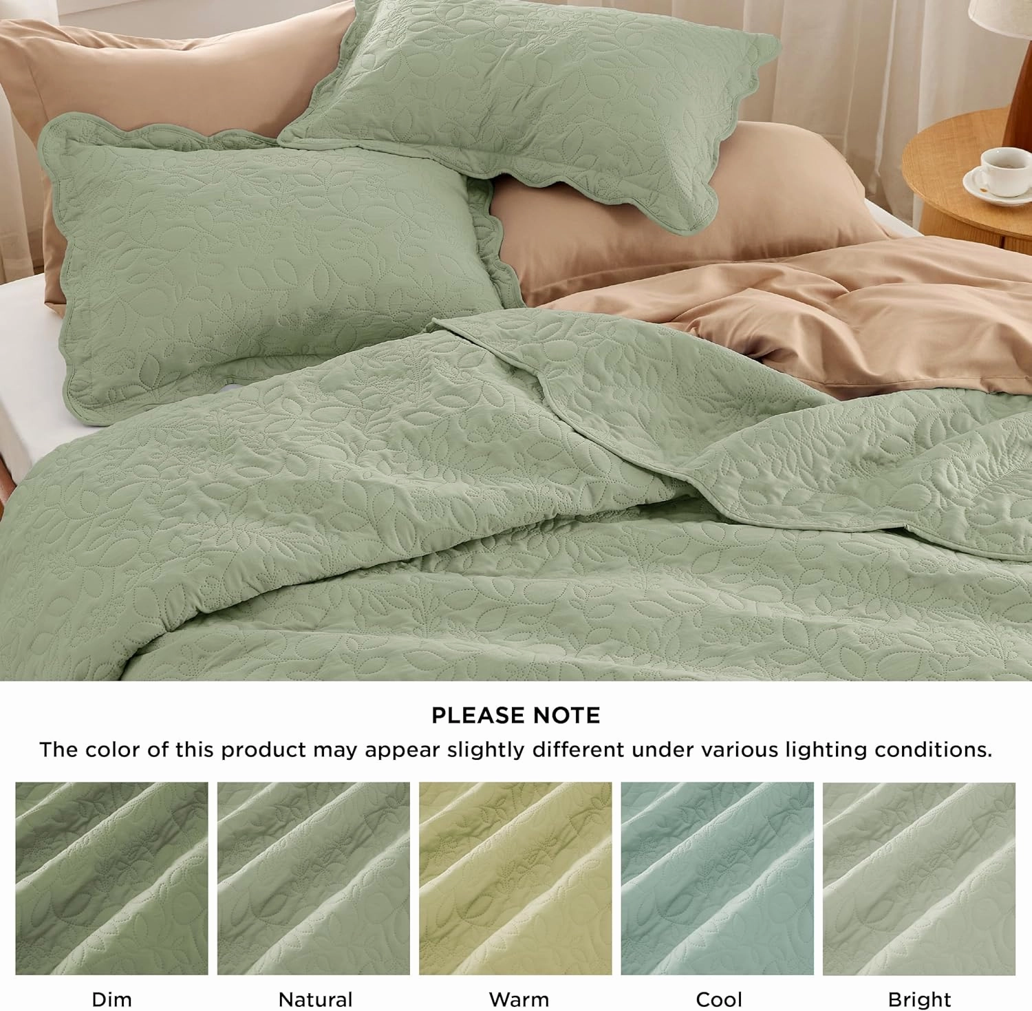 Bedsure Quilts Queen Size - Ultra Soft Pre-Washed Bedspread - Lightweight Desert Sage Comforter with 2 Pillow Shams - Summer Bedding Set with Leaf Design 90x96 Inch