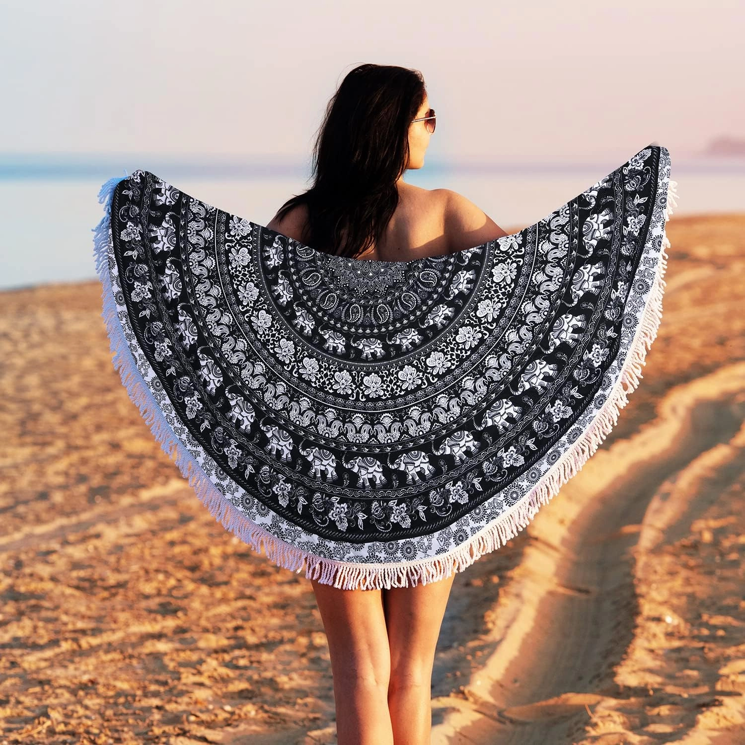 Benefeet Sox Beach Towel Large Round Beach Blanket Microfiber Quick Dry Beach Towels Tassels Throw Bohemian Roundie Swim Pool Circle Towel, 59 Inches-Mandala, Black