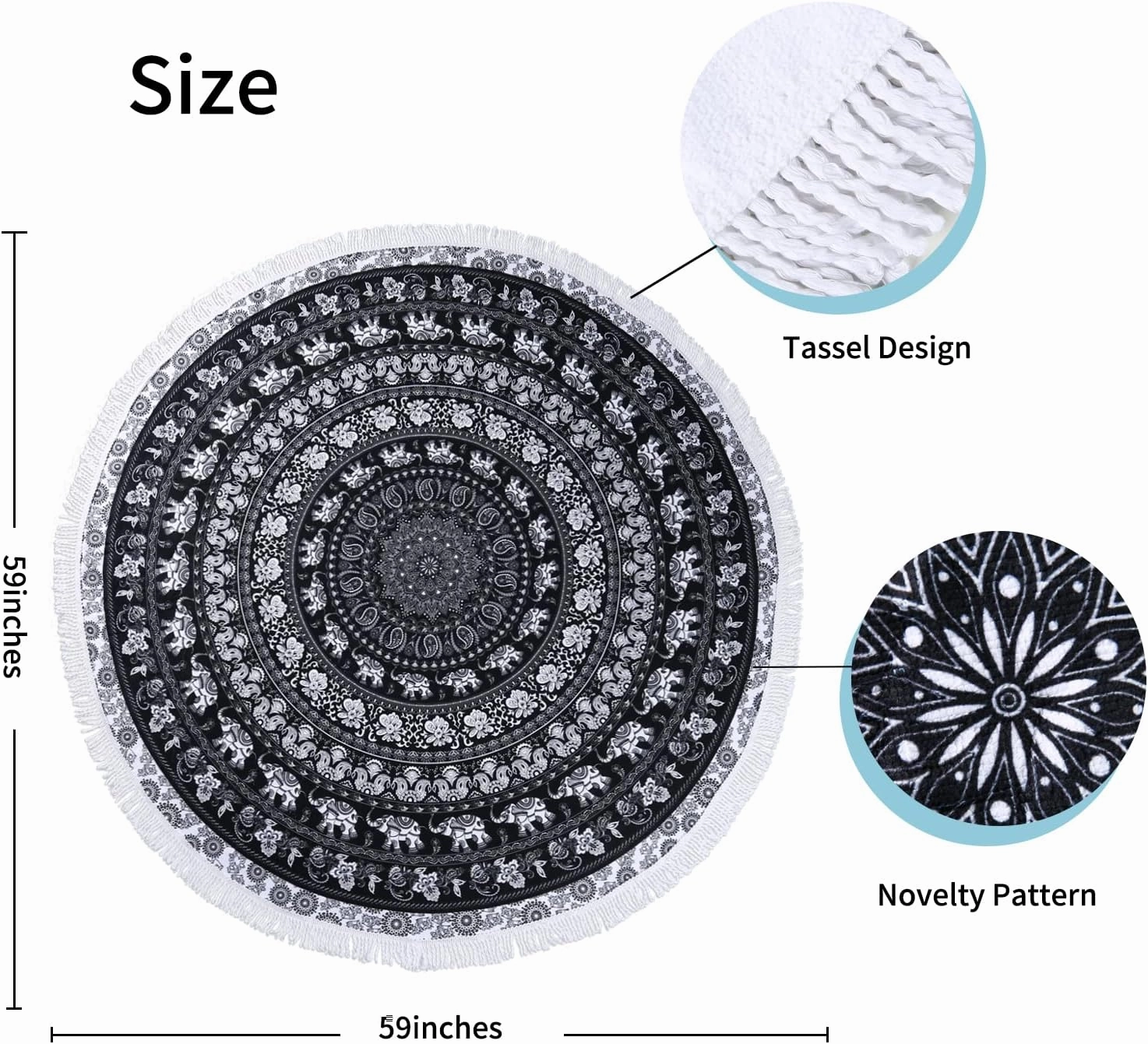 Benefeet Sox Beach Towel Large Round Beach Blanket Microfiber Quick Dry Beach Towels Tassels Throw Bohemian Roundie Swim Pool Circle Towel, 59 Inches-Mandala, Black
