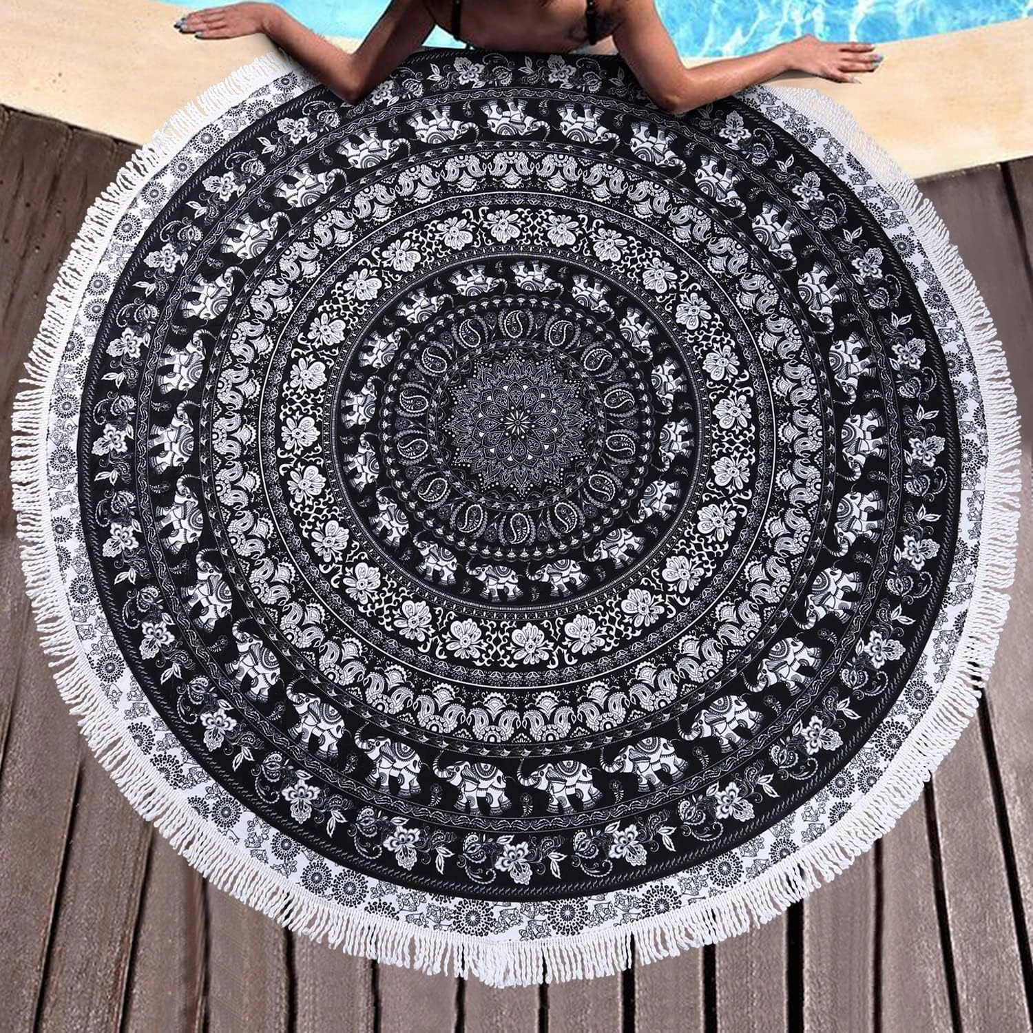 Benefeet Sox Beach Towel Large Round Beach Blanket Microfiber Quick Dry Beach Towels Tassels Throw Bohemian Roundie Swim Pool Circle Towel, 59 Inches-Mandala, Black