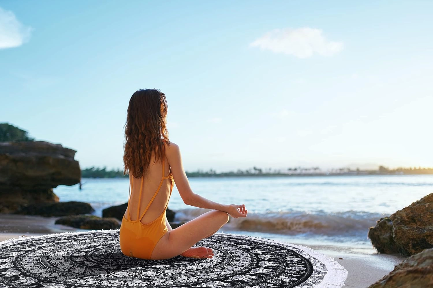 Benefeet Sox Beach Towel Large Round Beach Blanket Microfiber Quick Dry Beach Towels Tassels Throw Bohemian Roundie Swim Pool Circle Towel, 59 Inches-Mandala, Black