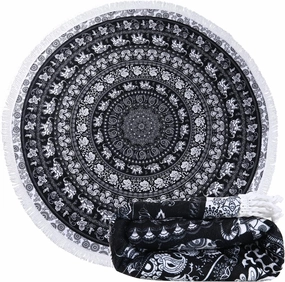 Benefeet Sox Beach Towel Large Round Beach Blanket Microfiber Quick Dry Beach Towels Tassels Throw Bohemian Roundie Swim Pool Circle Towel, 59 Inches-Mandala, Black