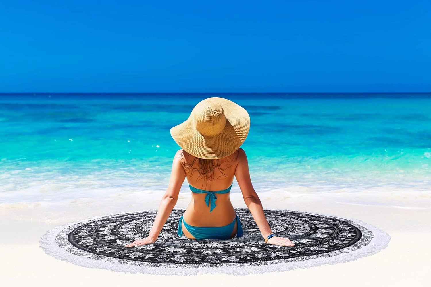 Benefeet Sox Beach Towel Large Round Beach Blanket Microfiber Quick Dry Beach Towels Tassels Throw Bohemian Roundie Swim Pool Circle Towel, 59 Inches-Mandala, Black
