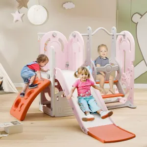BIERUM 5 in 1 Toddler Slide, Swing and Slide for Toddlers Age 1-3 with Basketball Hoop and Basketball, Indoor Outdoor Toddler Playground Pink Orange