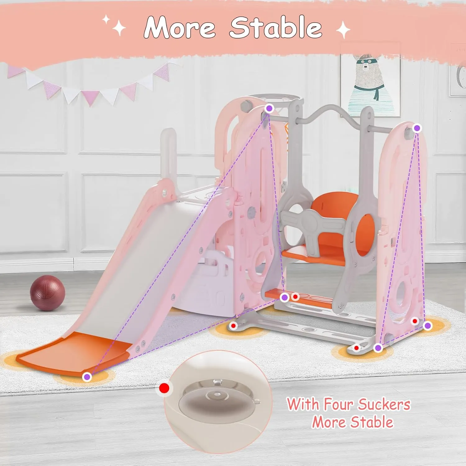 BIERUM 5 in 1 Toddler Slide, Swing and Slide for Toddlers Age 1-3 with Basketball Hoop and Basketball, Indoor Outdoor Toddler Playground Pink Orange