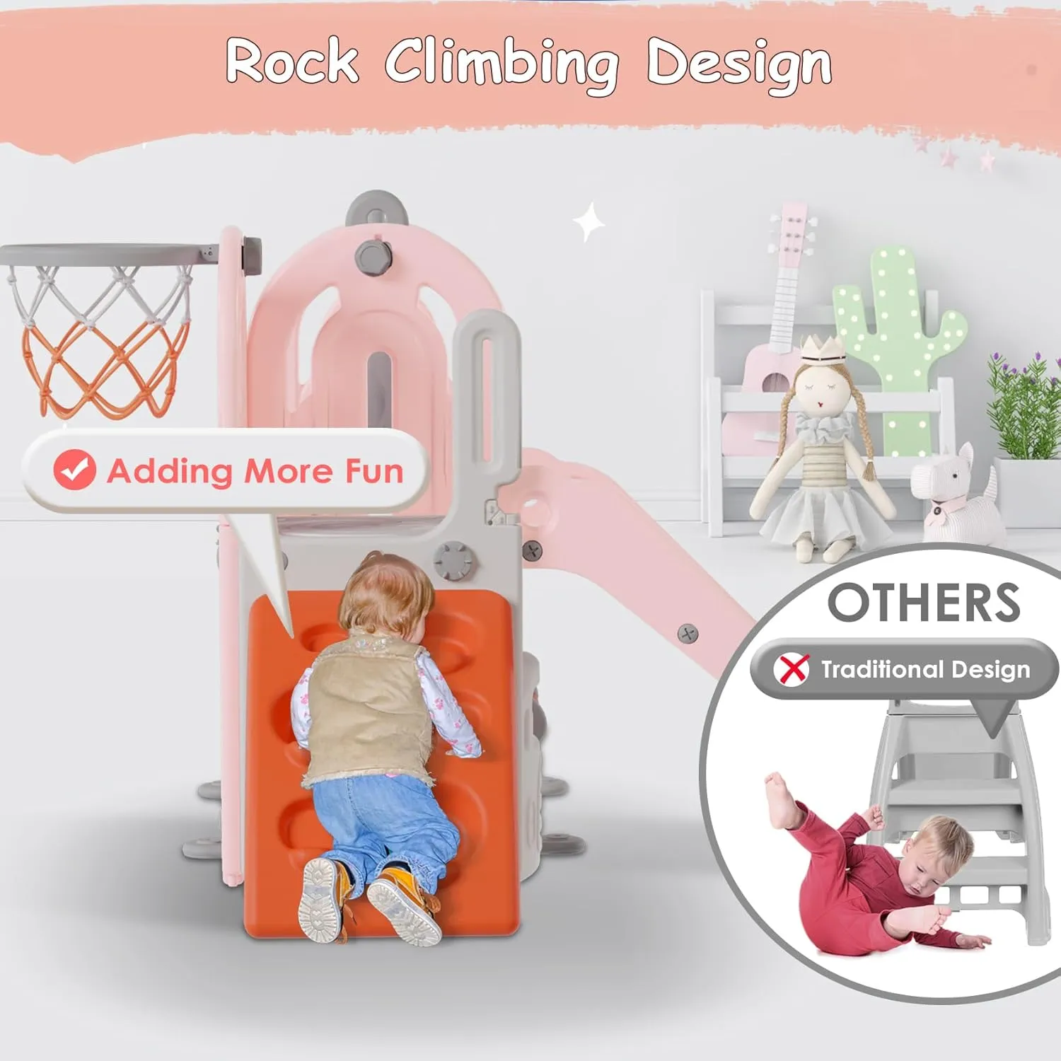 BIERUM 5 in 1 Toddler Slide, Swing and Slide for Toddlers Age 1-3 with Basketball Hoop and Basketball, Indoor Outdoor Toddler Playground Pink Orange