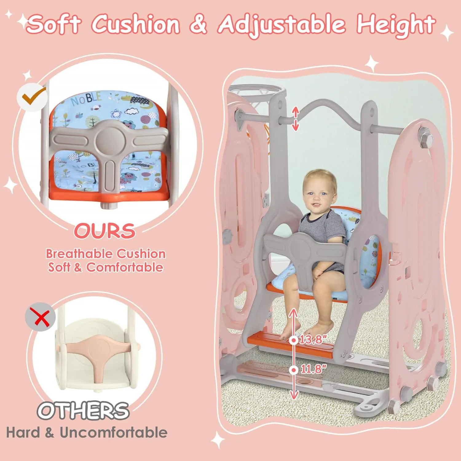 BIERUM 5 in 1 Toddler Slide, Swing and Slide for Toddlers Age 1-3 with Basketball Hoop and Basketball, Indoor Outdoor Toddler Playground Pink Orange