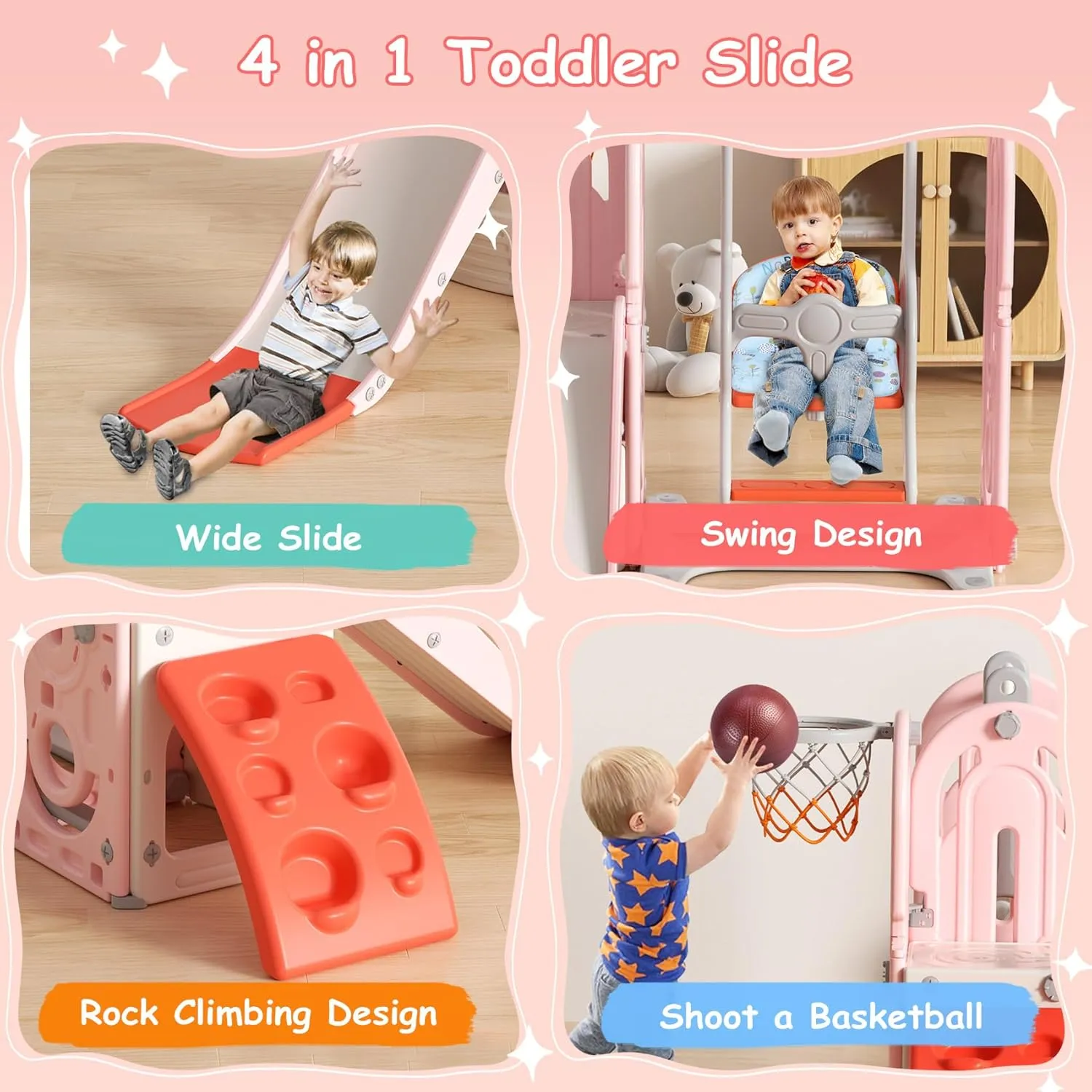 BIERUM 5 in 1 Toddler Slide, Swing and Slide for Toddlers Age 1-3 with Basketball Hoop and Basketball, Indoor Outdoor Toddler Playground Pink Orange
