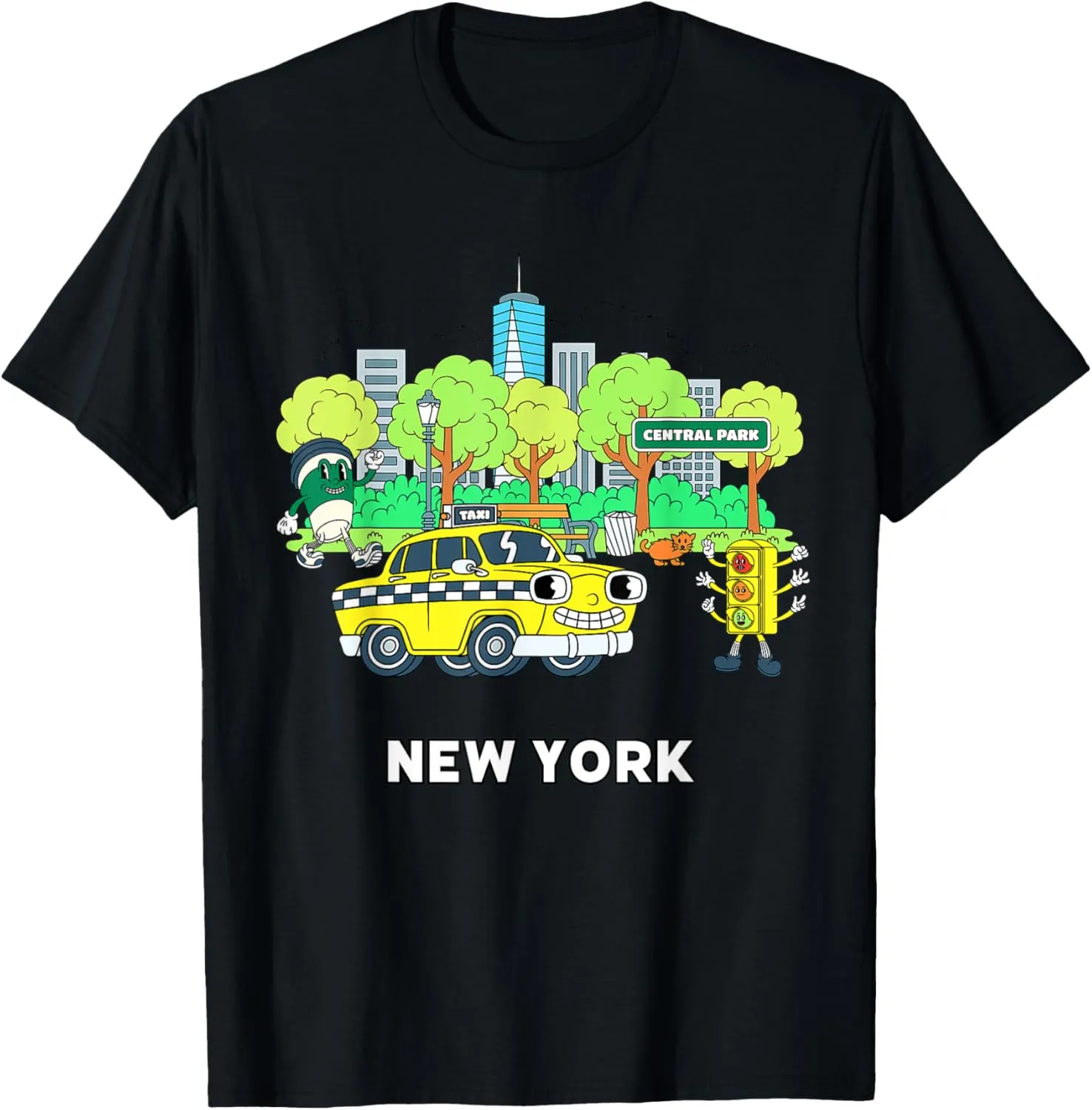 Big Apple NYC Cartoon with Yellow Taxi New York Skyline T-Shirt