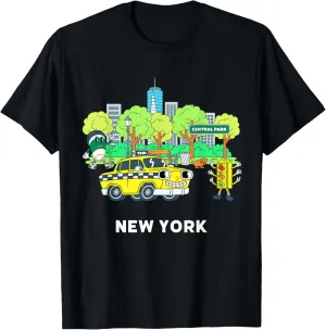 Big Apple NYC Cartoon with Yellow Taxi New York Skyline T-Shirt