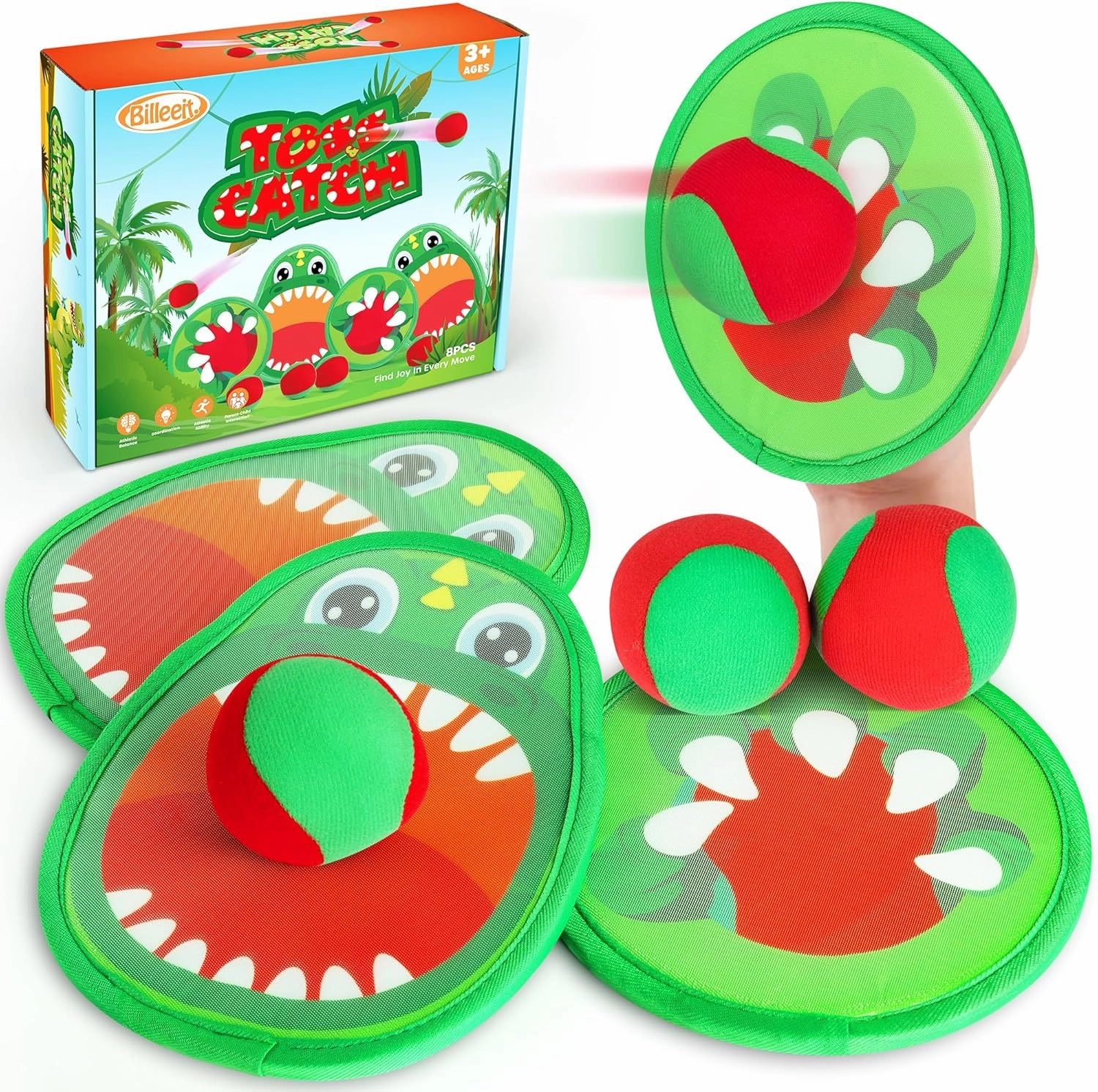 Big Dinosaur Toss and Catch Ball Set, Catch Game Outdoor Toys for Kids and Toddler, Backyard Lawn Games Pool Beach Toys with 4 Rackets, 4 Balls, 1 Drawstring Bag