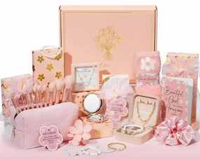 Birthday Gifts for Tween Teen Girls - 8 PCS Gifts Basket Teen Girl Gifts Trendy Stuff Girls Fun Empower Gift Box w/Task Tags Make up Brushes Makeup Bag, Graduation Gifts Idea for Her Niece Daughter