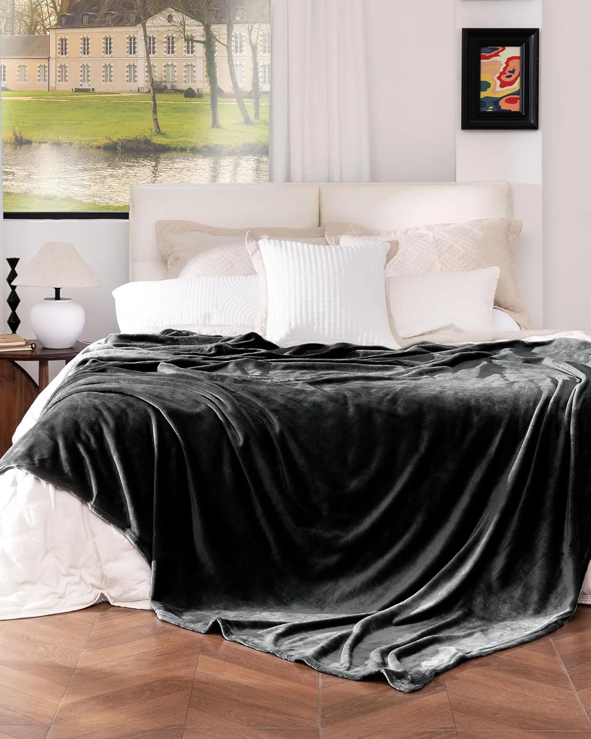 Black Fleece Blanket Queen Size, Soft Cozy Blankets for Bed and Couch, Machine Washable Luxury Microfiber, Lightweight Portable Plush Blanket for Travel, Camping, Pets, Women, Adults