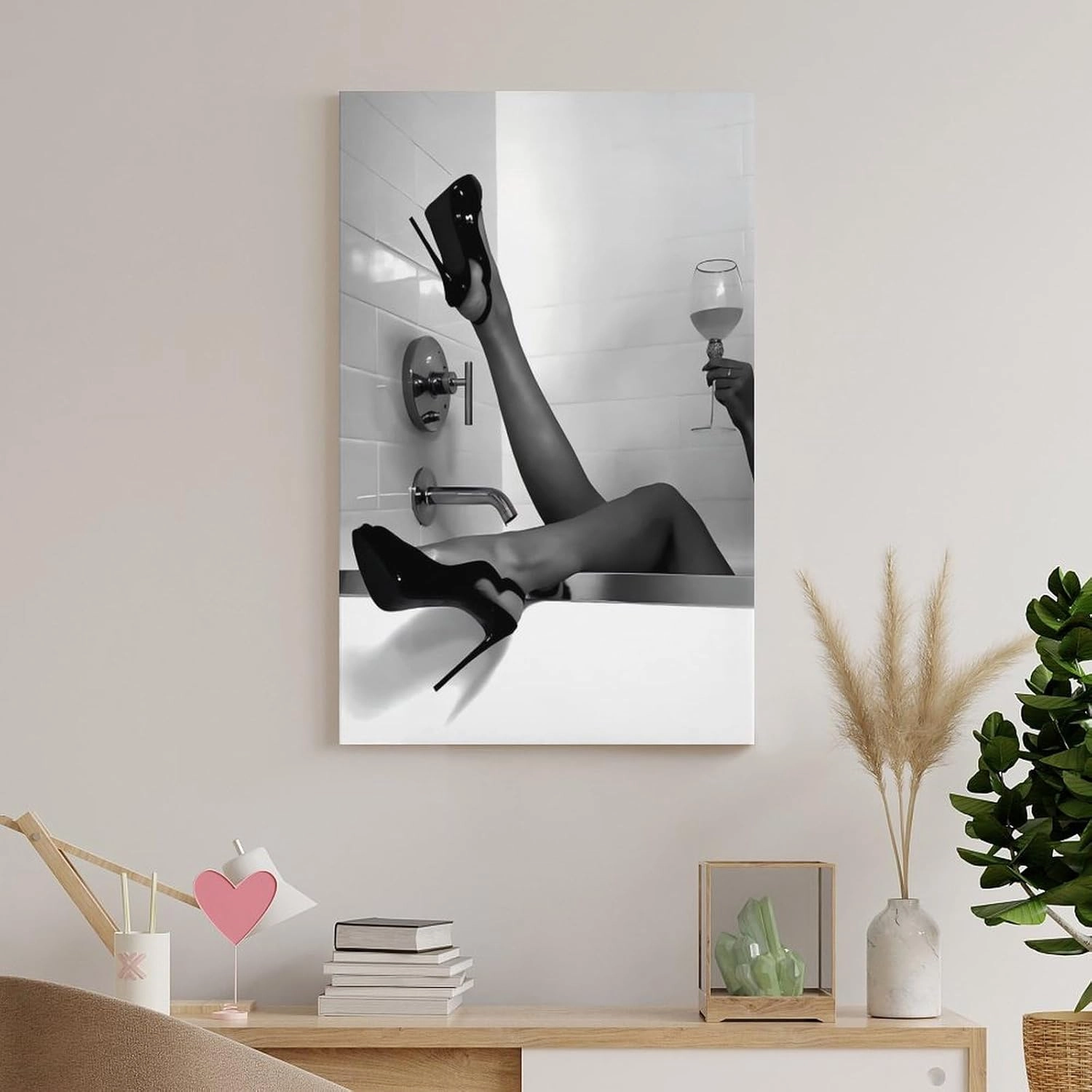 Black And White Woman in High Heels Drinking in Bathtub Poster Canvas Wall Art Poster For Room Aesthetic And Decor Poster For Bedroom Living Room Office Kitchen Bathroom Decor Frame-Poster24x36inch(60