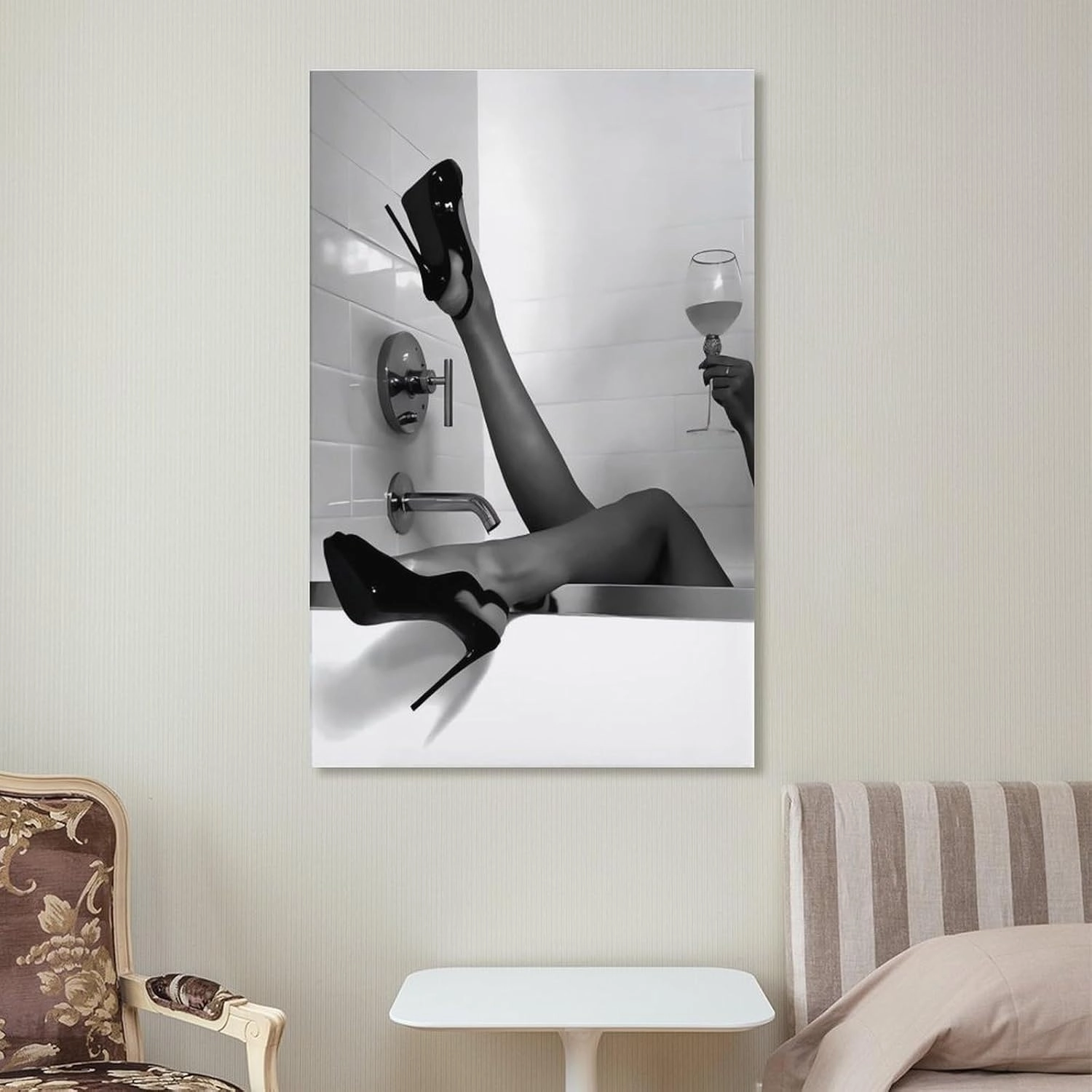 Black And White Woman in High Heels Drinking in Bathtub Poster Canvas Wall Art Poster For Room Aesthetic And Decor Poster For Bedroom Living Room Office Kitchen Bathroom Decor Frame-Poster24x36inch(60