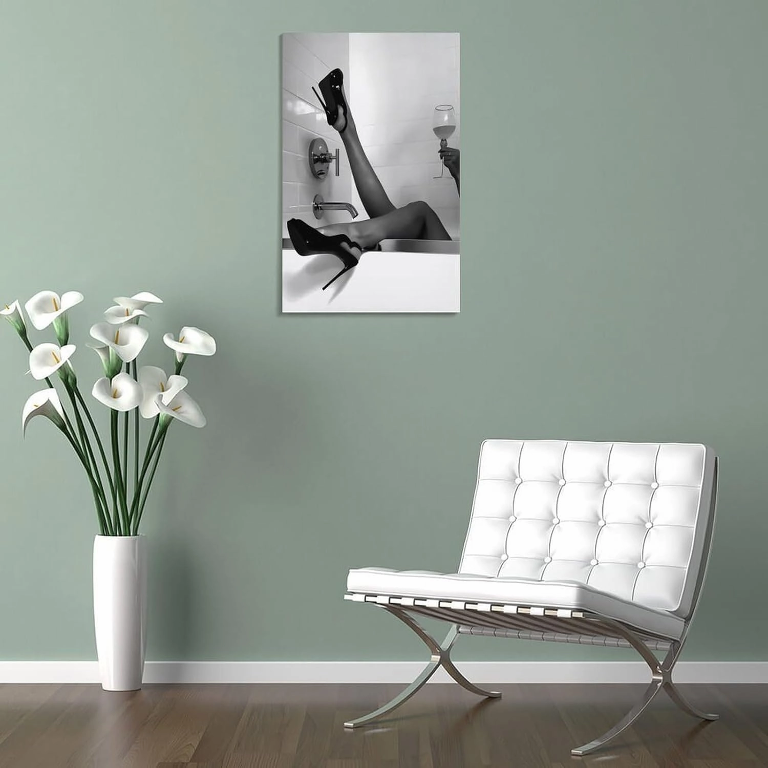 Black And White Woman in High Heels Drinking in Bathtub Poster Canvas Wall Art Poster For Room Aesthetic And Decor Poster For Bedroom Living Room Office Kitchen Bathroom Decor Frame-Poster24x36inch(60