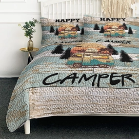 BlessLiving Vintage Wood Grain Happy Camping Bus Printed 3 Pieces Quilt Set Queen Size Cartoon Bus Sunset Forest Theme Quilt Bed Set with 2 Pillowcases for Kids Adult Toddler Bedroom Decor