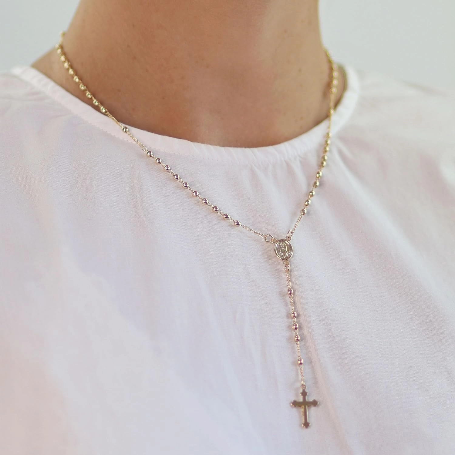 Bling Jewelry Catholic Christian Prayer Rosario Ball Beads Crucifix Cross Catholic Jesus Virgin Mother Mary Rosary Beads Necklace For Women Teen 18K Gold Plated Brass