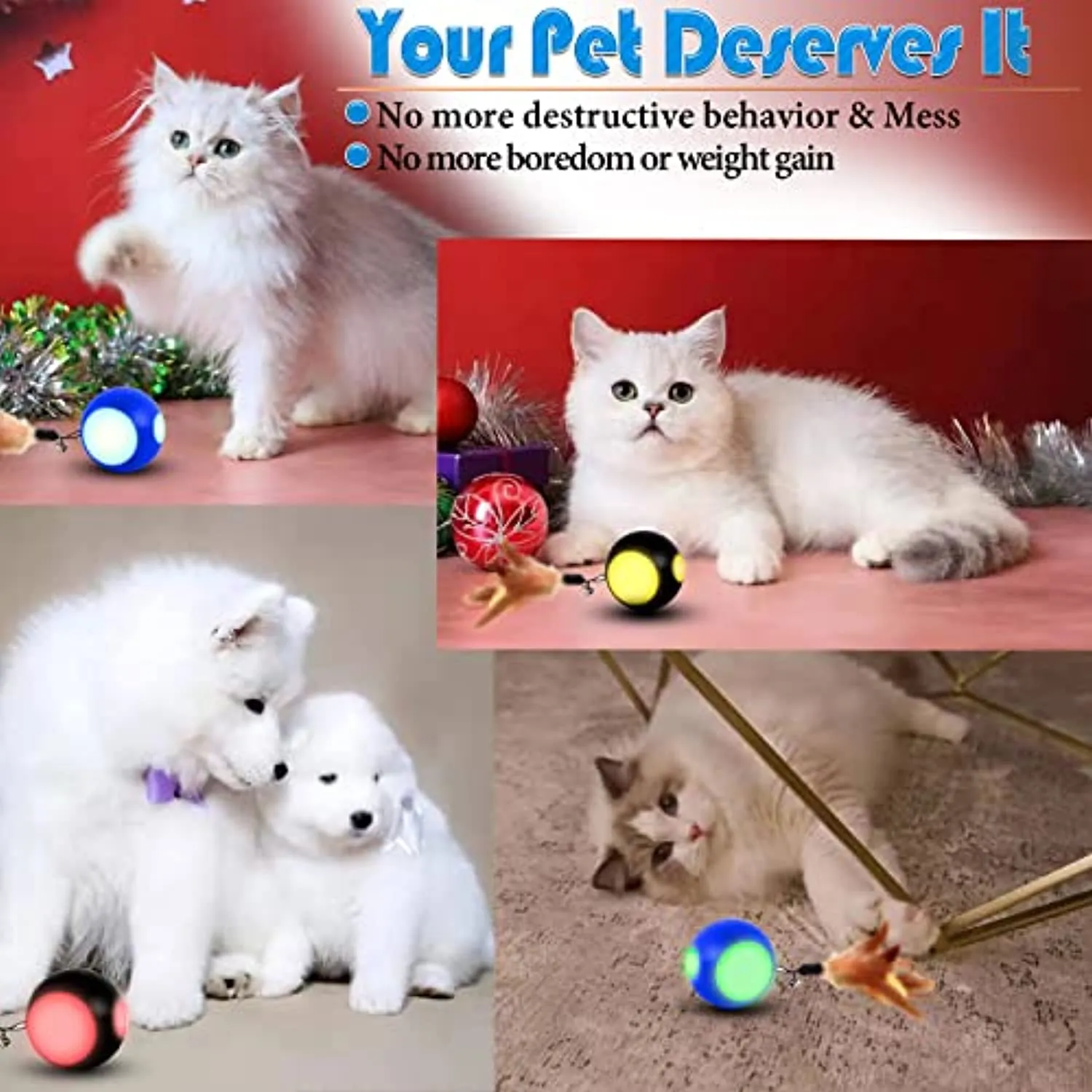 Blinkbrione Cat Toys Busy Ball, Automatic Moving Exercise Ball for Indoor Cats/Kitten, Rechargable Interactive Feather cat Toy with Bell & LED Light for Your pet Birthday Gift