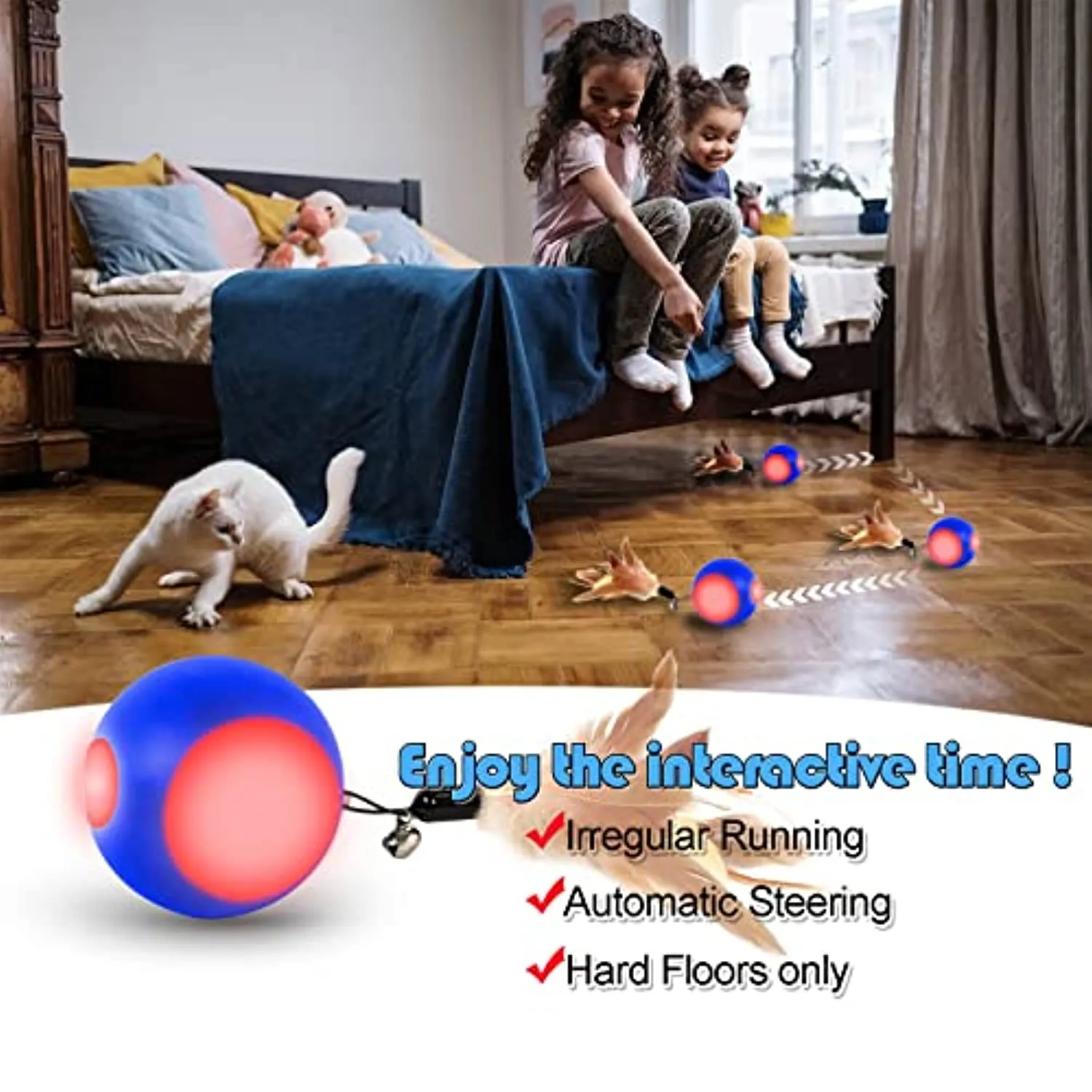 Blinkbrione Cat Toys Busy Ball, Automatic Moving Exercise Ball for Indoor Cats/Kitten, Rechargable Interactive Feather cat Toy with Bell & LED Light for Your pet Birthday Gift
