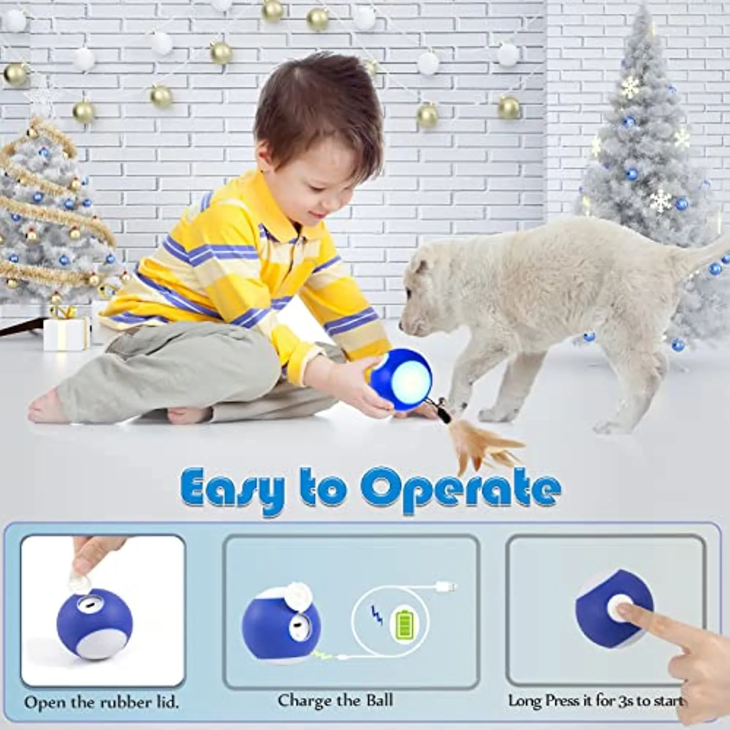 Blinkbrione Cat Toys Busy Ball, Automatic Moving Exercise Ball for Indoor Cats/Kitten, Rechargable Interactive Feather cat Toy with Bell & LED Light for Your pet Birthday Gift
