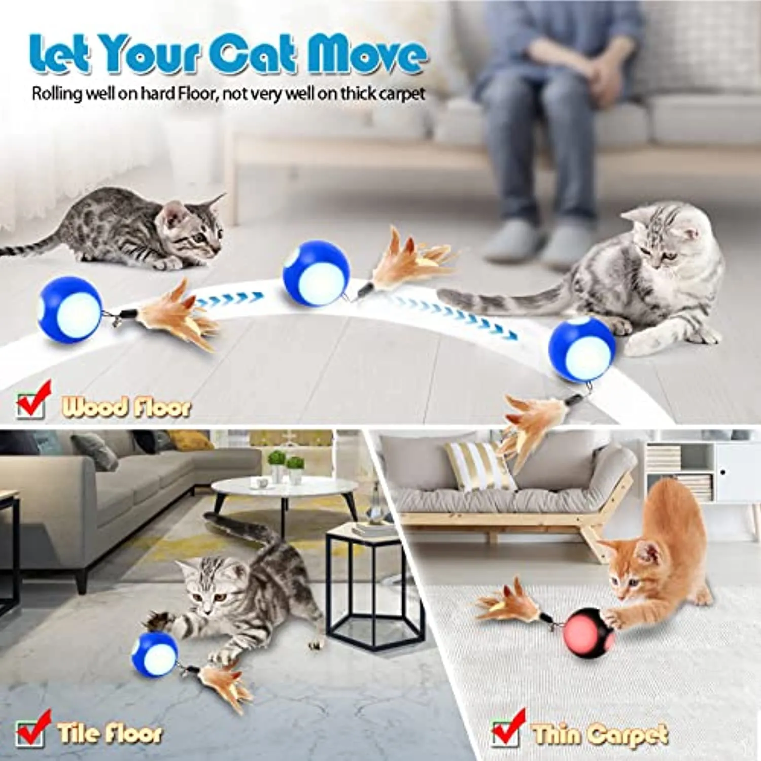 Blinkbrione Cat Toys Busy Ball, Automatic Moving Exercise Ball for Indoor Cats/Kitten, Rechargable Interactive Feather cat Toy with Bell & LED Light for Your pet Birthday Gift