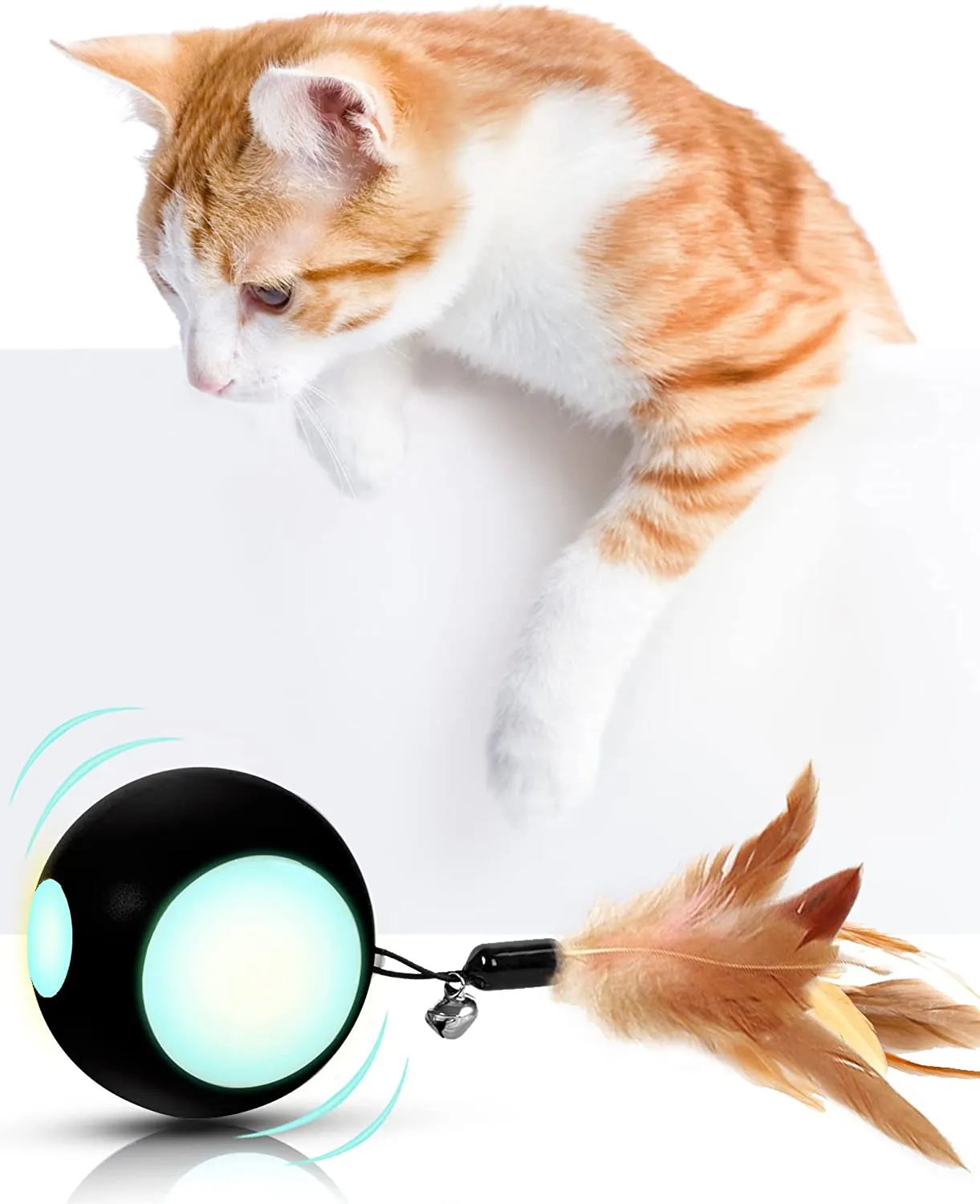 Blinkbrione Cat Toys Busy Ball, Automatic Moving Exercise Ball for Indoor Cats/Kitten, Rechargable Interactive Feather cat Toy with Bell & LED Light for Your pet Birthday Gift