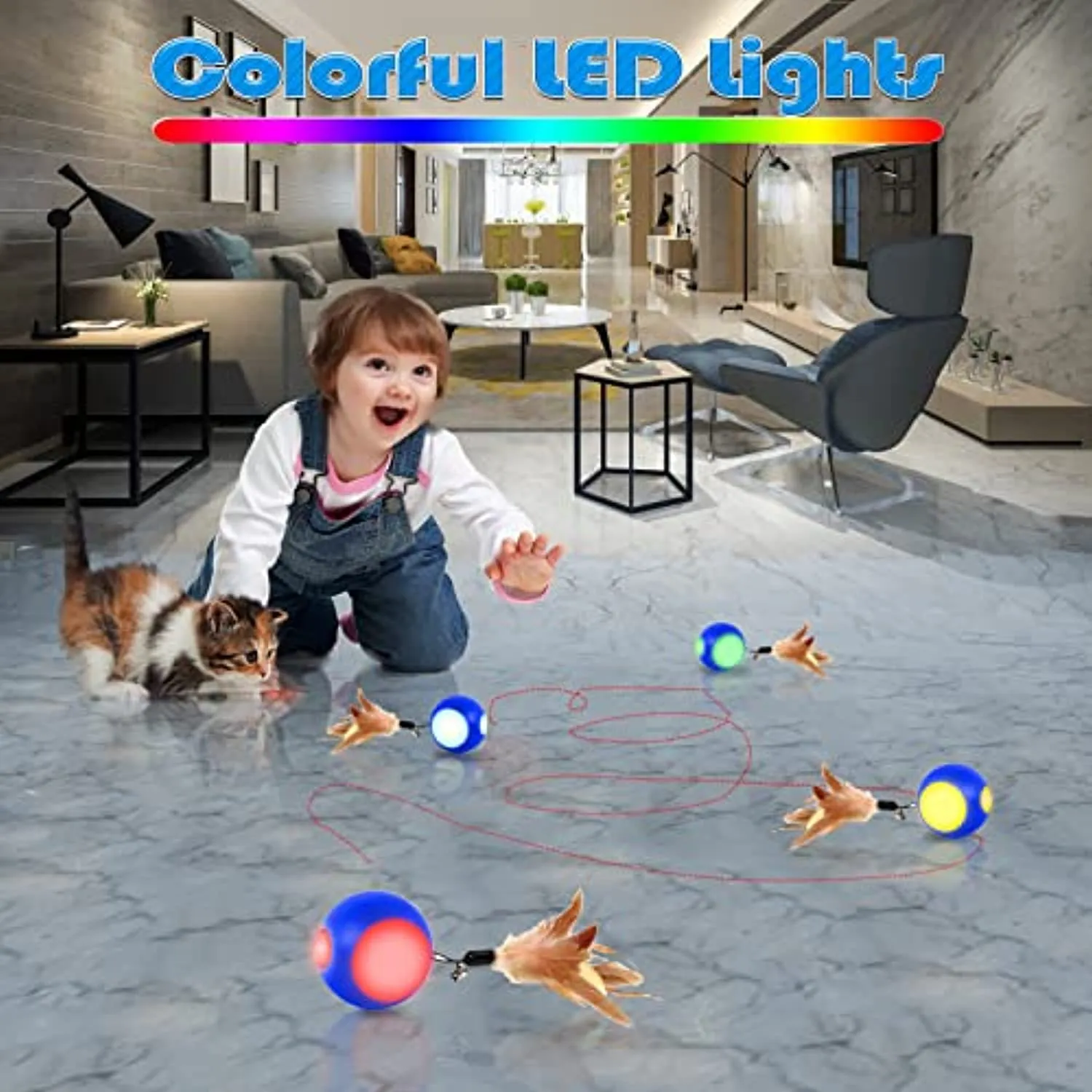 Blinkbrione Cat Toys Busy Ball, Automatic Moving Exercise Ball for Indoor Cats/Kitten, Rechargable Interactive Feather cat Toy with Bell & LED Light for Your pet Birthday Gift