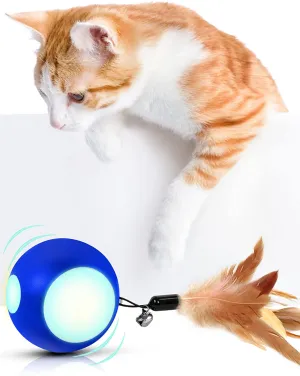 Blinkbrione Cat Toys Busy Ball, Automatic Moving Exercise Ball for Indoor Cats/Kitten, Rechargable Interactive Feather cat Toy with Bell & LED Light for Your pet Birthday Gift
