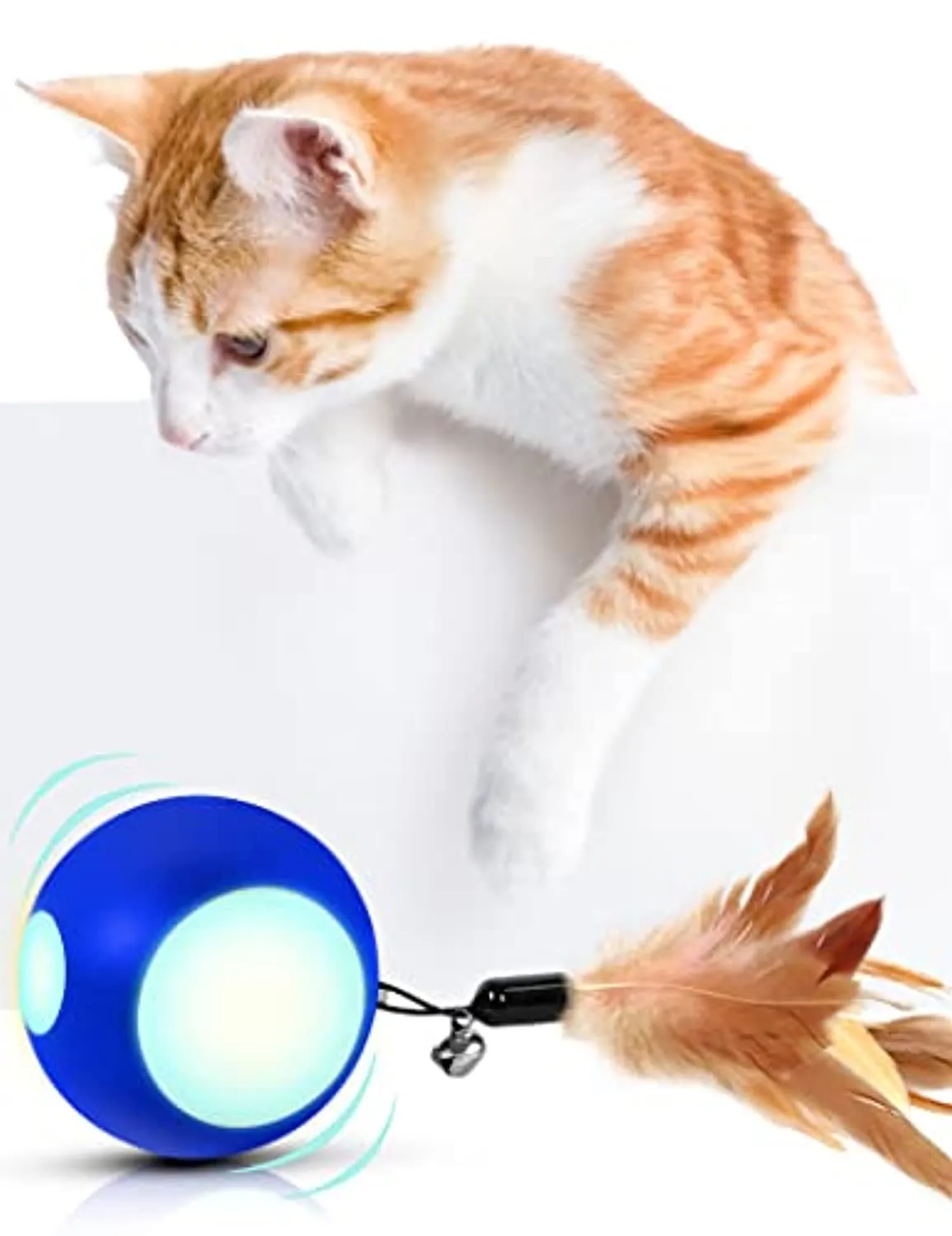Blinkbrione Cat Toys Busy Ball, Automatic Moving Exercise Ball for Indoor Cats/Kitten, Rechargable Interactive Feather cat Toy with Bell & LED Light for Your pet Birthday Gift