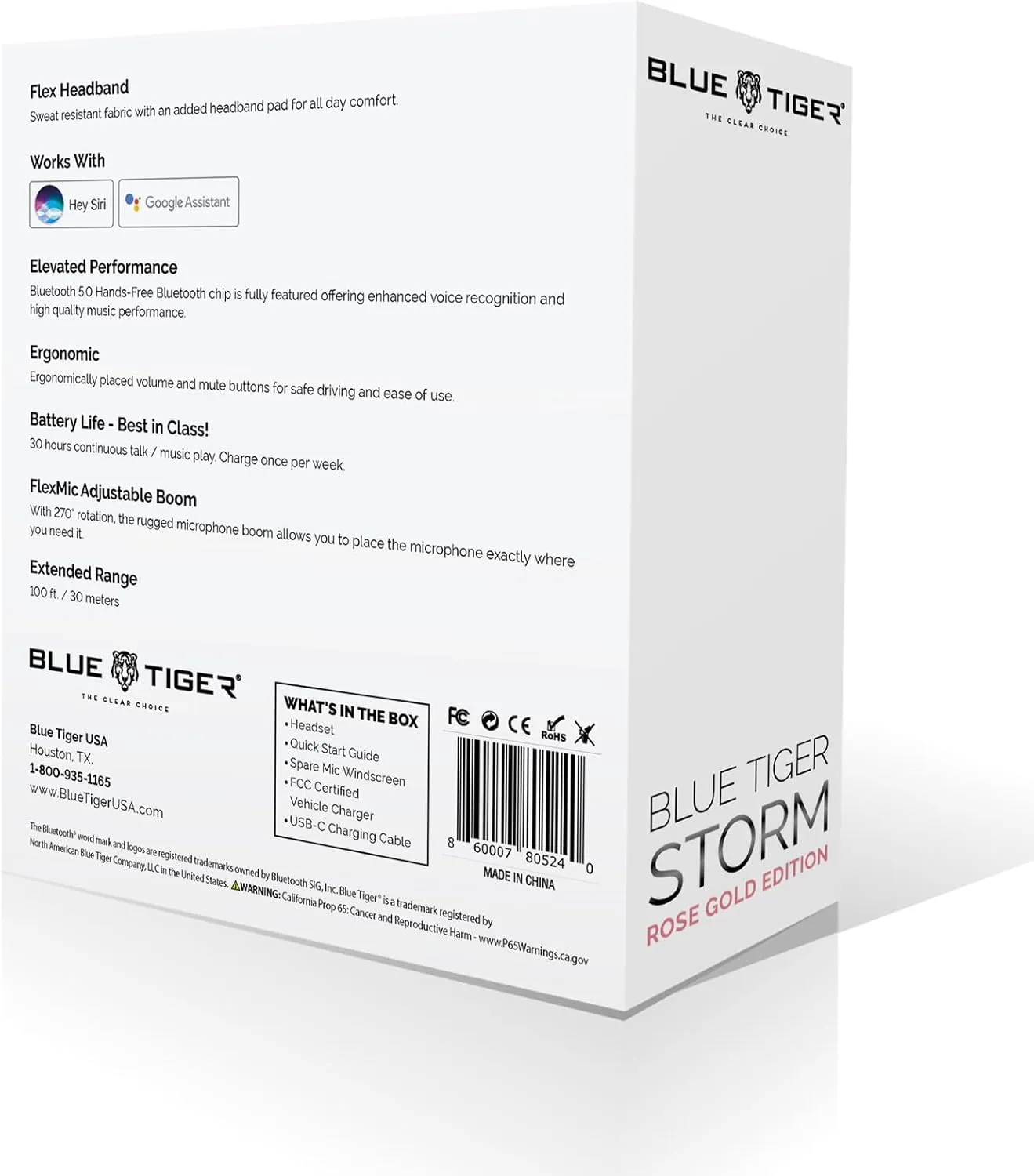 Blue Tiger Storm Rose Gold - Premium Trucker Bluetooth Headset-Wireless Noise Canceling Mono Headset with Mic -High-Fidelity Sound, 30-Hour Talk Time, USB-C Charging - For Truck Drivers, Bluetooth 5.0