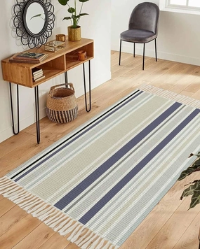 Blue Beige White Runner Rug 3X5 Ft Bedroom Area Rug, Washable Woven Throw Carpet with Tassel, Modern Farmhouse Colorful Stripes Non-Shedding Dining Room Living Room Carpets