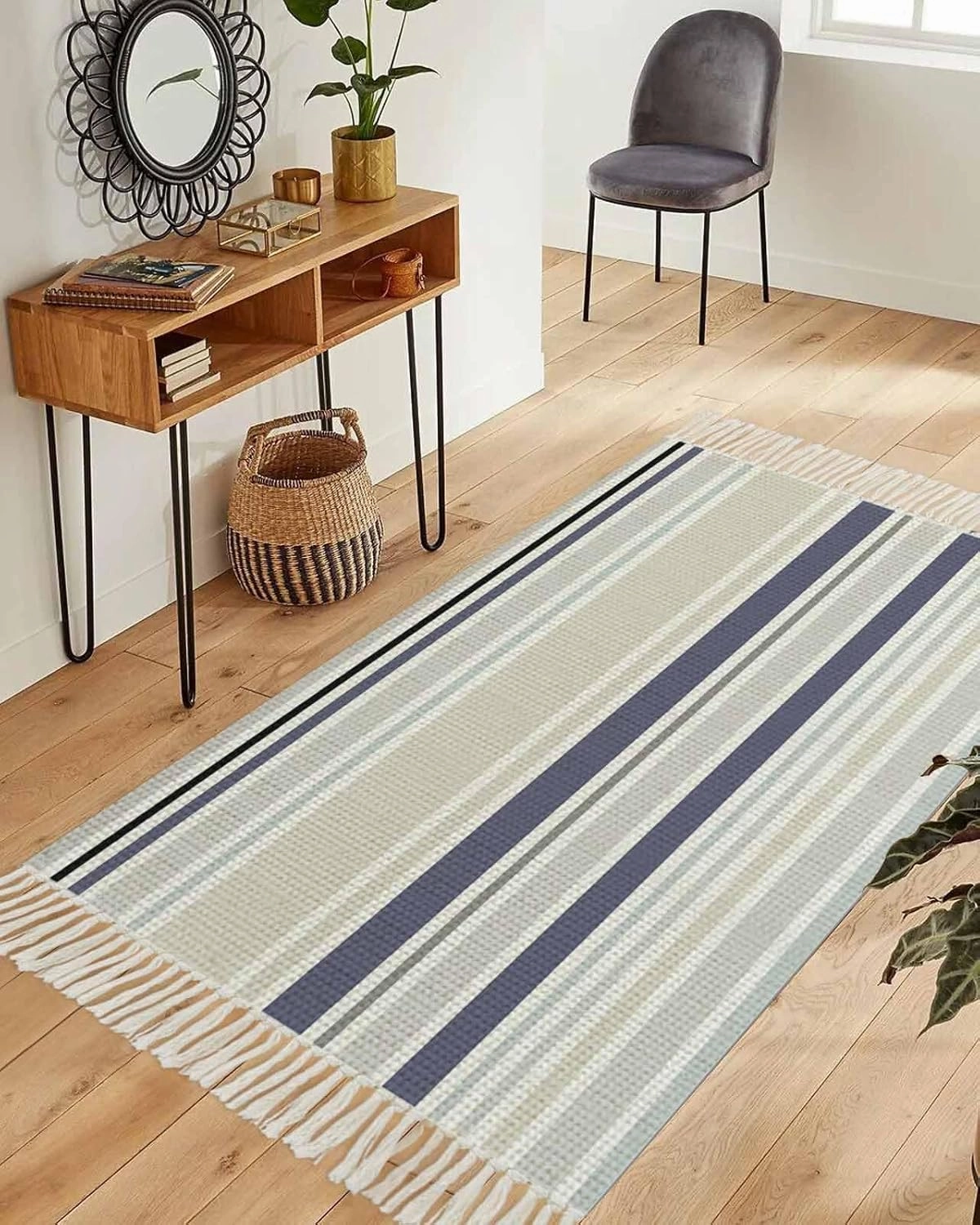 Blue Beige White Runner Rug 3X5 Ft Bedroom Area Rug, Washable Woven Throw Carpet with Tassel, Modern Farmhouse Colorful Stripes Non-Shedding Dining Room Living Room Carpets