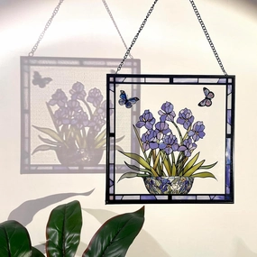 Blue Iris and Butterfly Stained Glass Suncatcher Window Panel | 7.8'' Real Glass Handcrafted Artwork | Nature-Inspired Decor for Home & Garden | Unique Gift for Nature Lovers