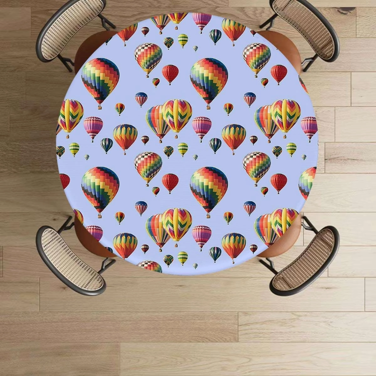 Blue Round Tablecloth Nostalgic Hot Air Balloons in Sky Flying Journey Fitted Round Tablecloth with Elastic Edge Spill Oil-Proof Waterproof Colorful Fits up 45"-50" Diameter Tables