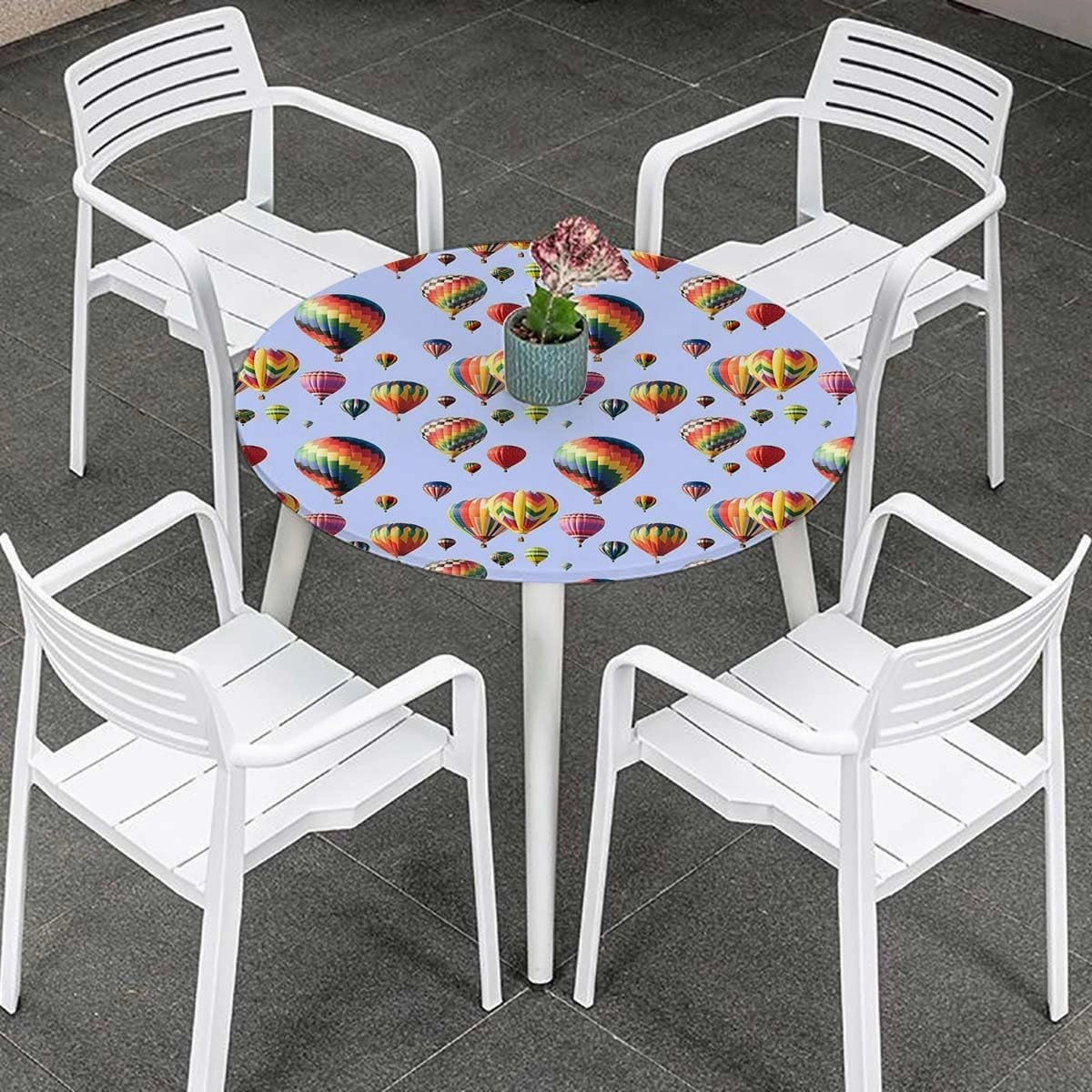 Blue Round Tablecloth Nostalgic Hot Air Balloons in Sky Flying Journey Fitted Round Tablecloth with Elastic Edge Spill Oil-Proof Waterproof Colorful Fits up 45"-50" Diameter Tables