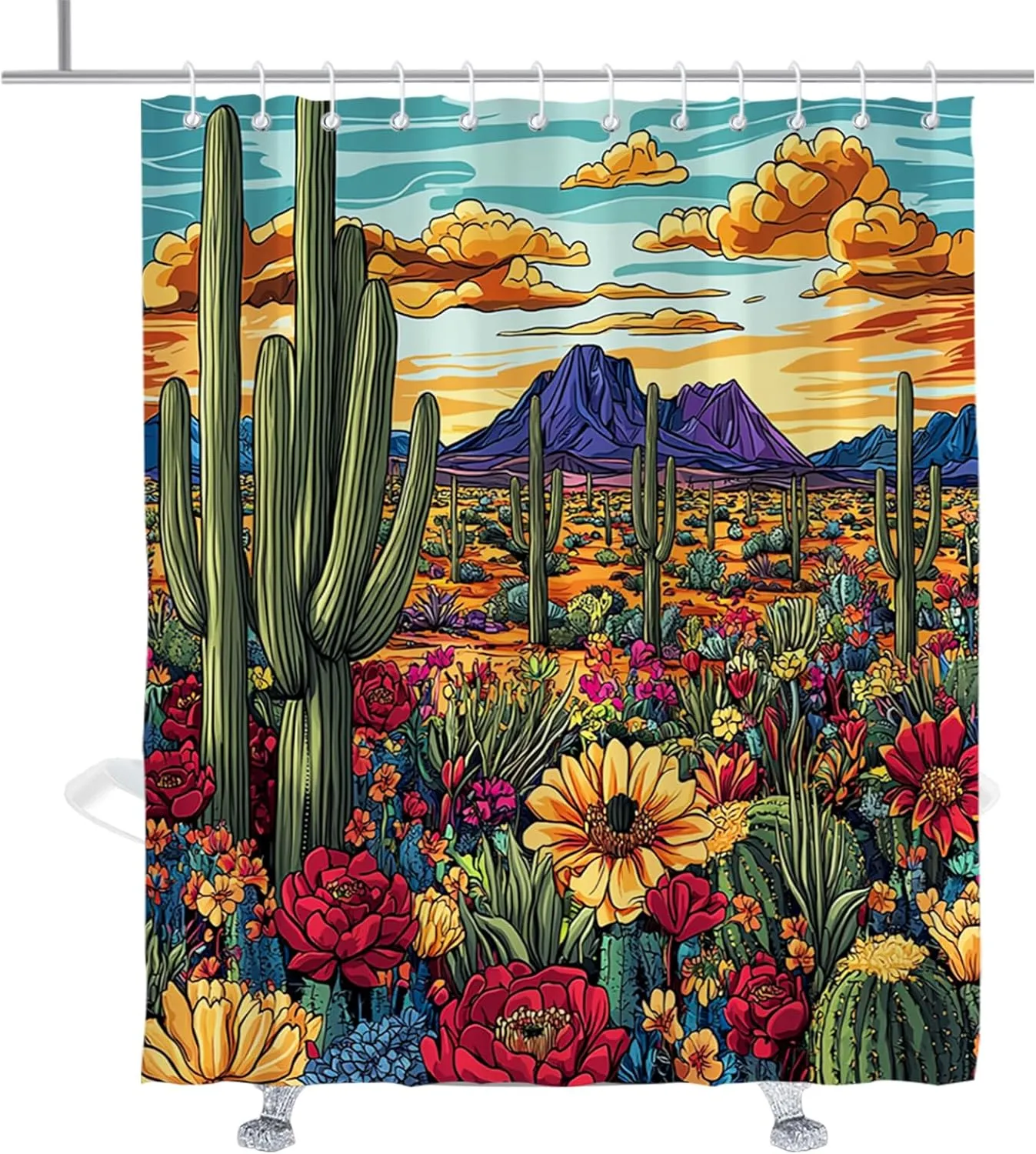 Boho Modern Cactus Shower Curtain, Colorful Plants Shower Curtains Red Mountain Funny Bathroom Decor with Hooks 72" W x 84" H
