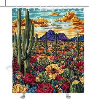 Boho Modern Cactus Shower Curtain, Colorful Plants Shower Curtains Red Mountain Funny Bathroom Decor with Hooks 72" W x 84" H