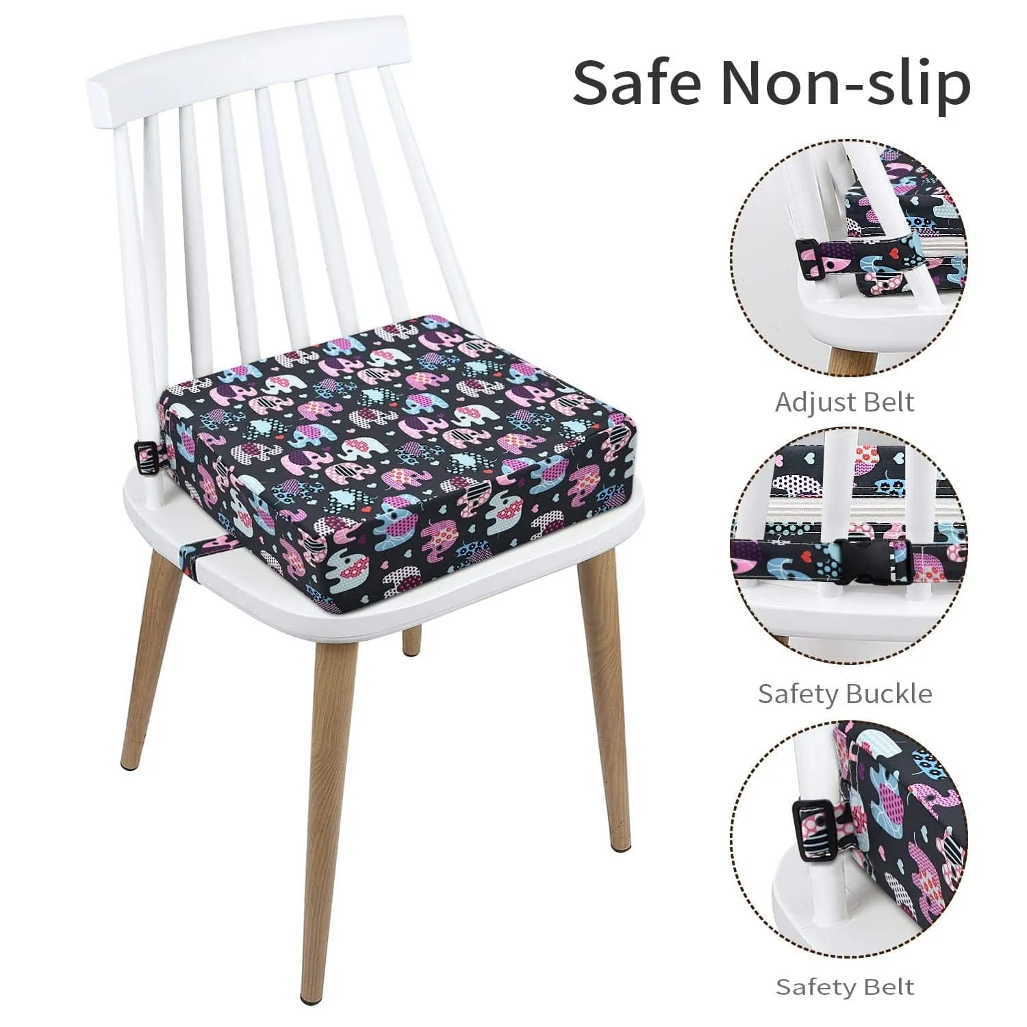 Booster Seat for Kitchen Chair - Washable Toddler Booster for Dining Table, Portable Travel Increasing Cushion for Kid (Elephant)